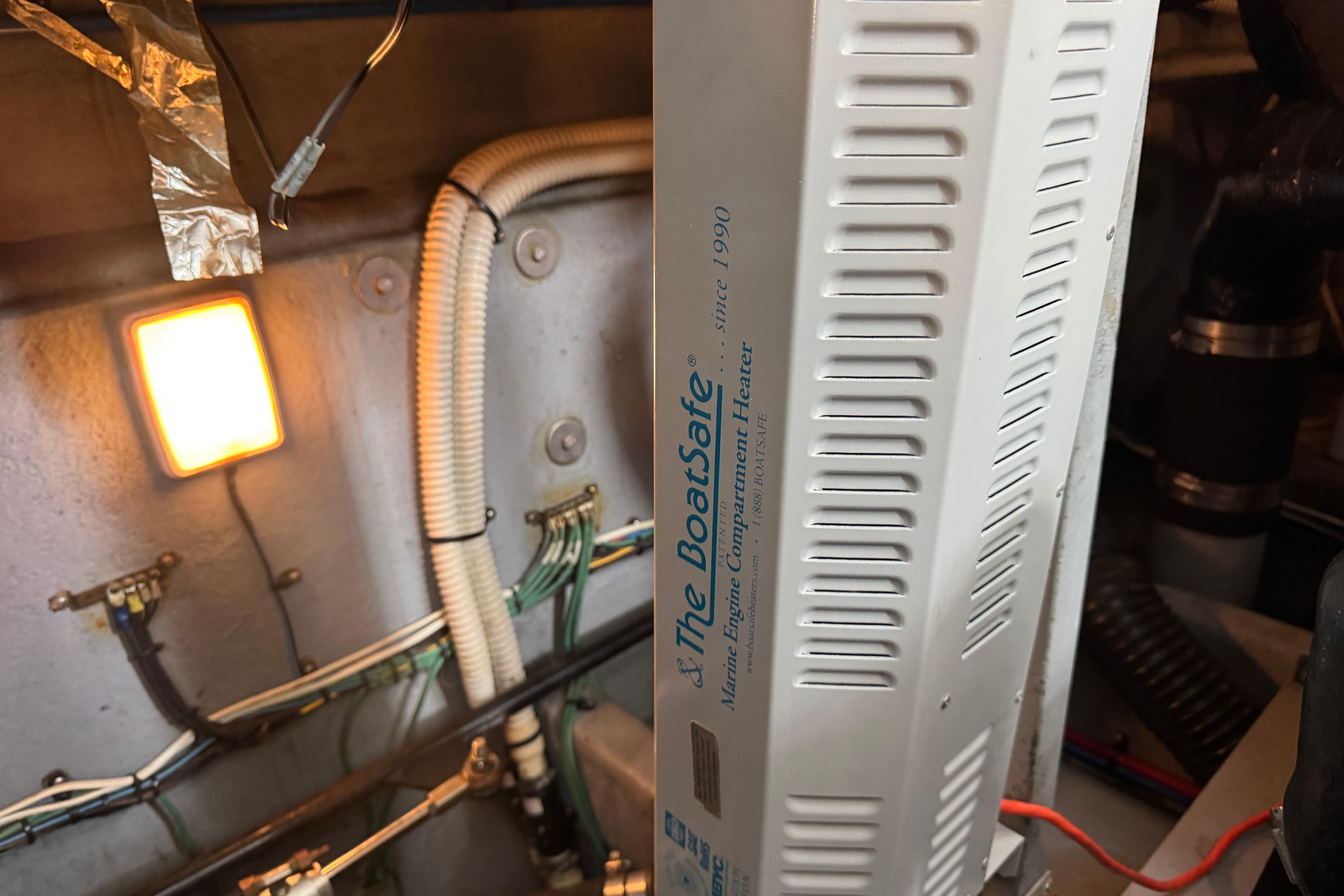 Engine compartment of 2001 Sea Ray 380 Sundancer with BoatSafe heater and wiring.