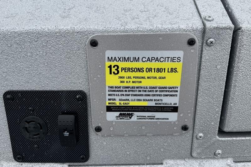 SeaArk Super Lounge Easy 2025 boat capacity label, maximum 13 persons or 1801 lbs.