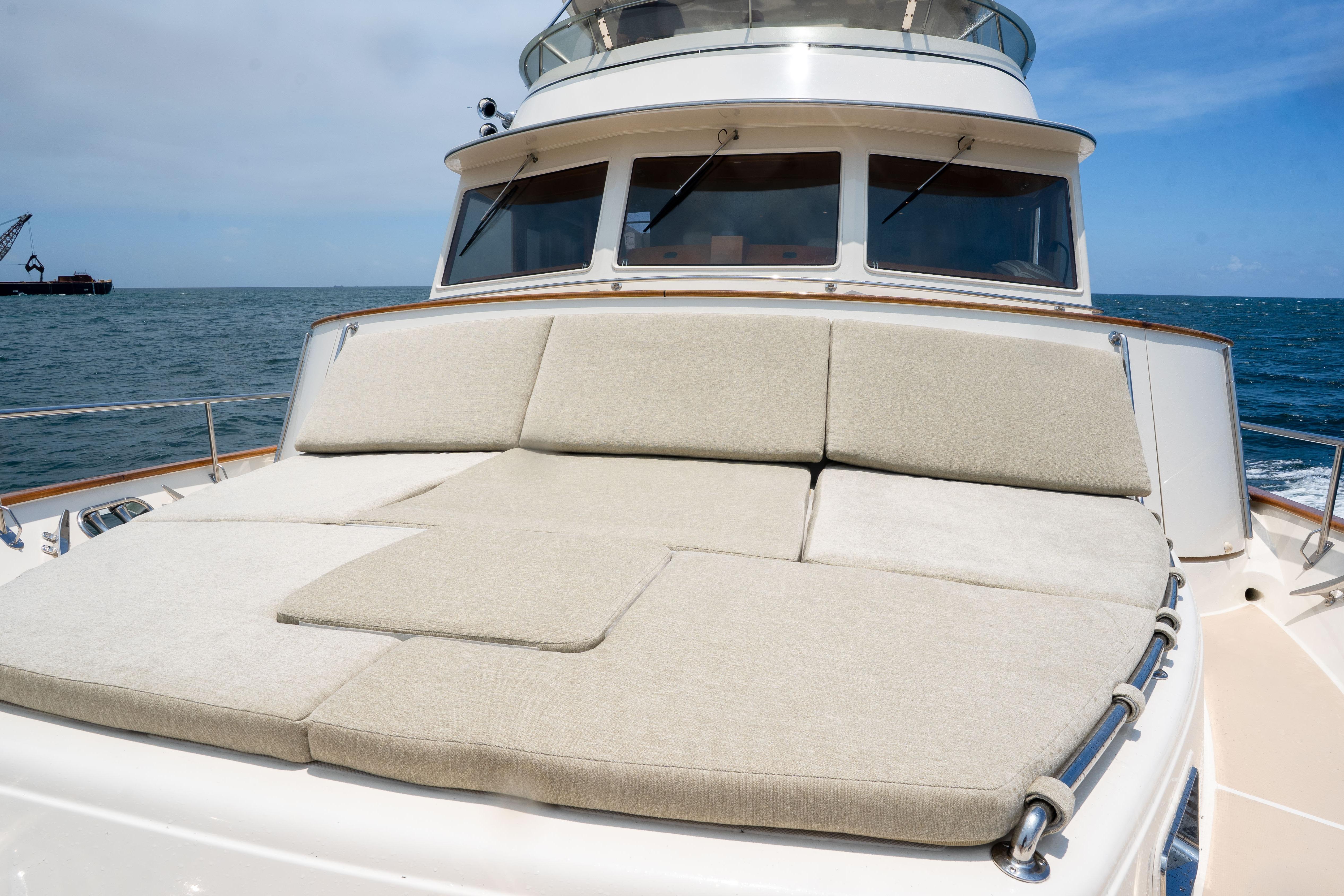 Luxurious 2006 Fleming 75 yacht with spacious sunbathing deck on open sea.