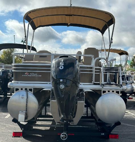 2023 Sun Tracker SportFish 22 XP3 pontoon boat with canopy and 150 HP engine.