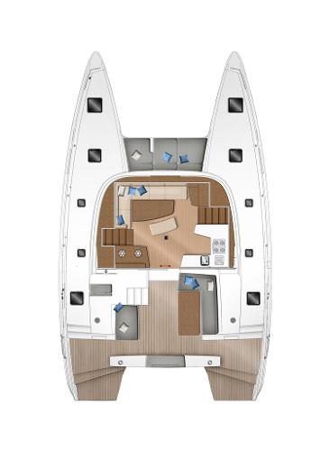 2025 Lagoon 42 Millenium catamaran interior layout, featuring spacious living and dining areas.