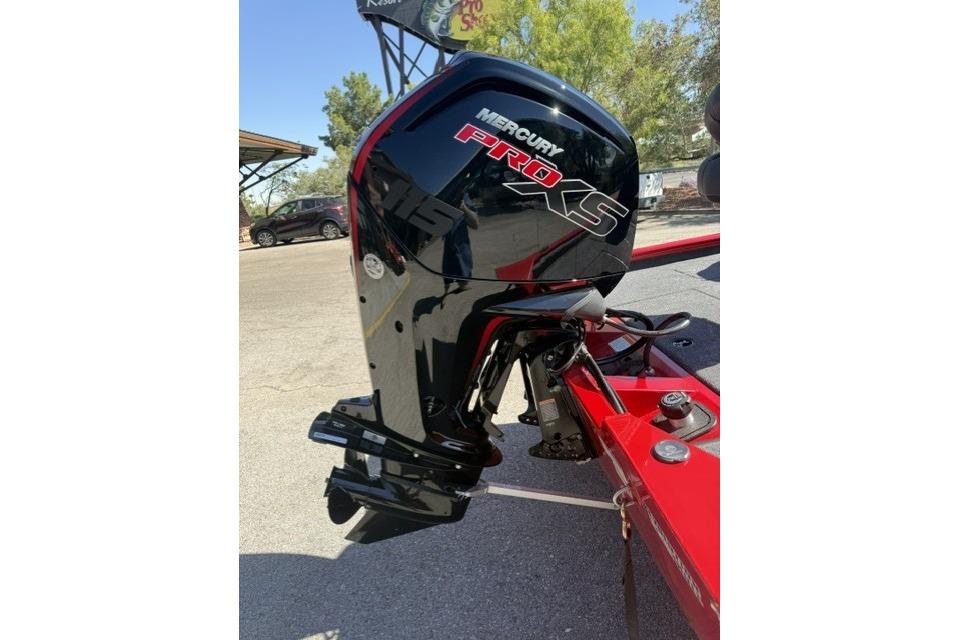 Mercury Pro XS engine on 2026 Tracker Pro Team 190 boat, parked outdoors.