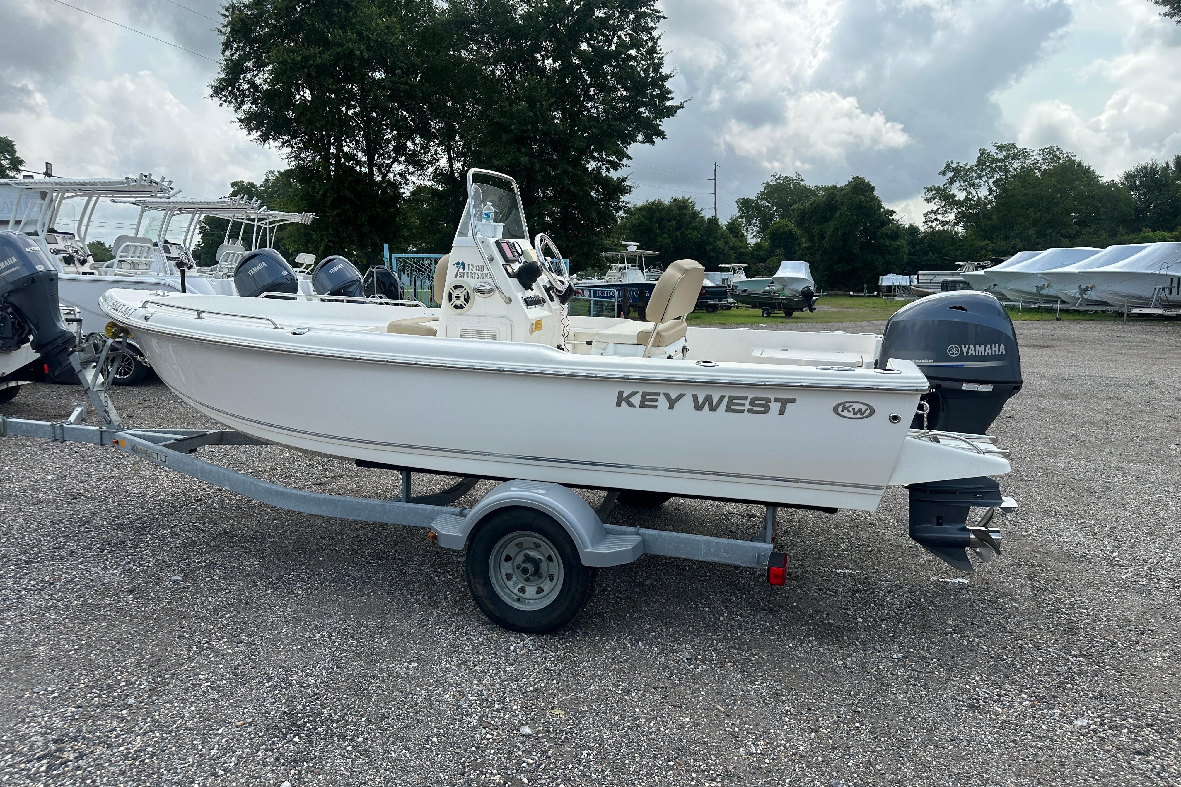 2018 Key West 1720 Center Console boat on trailer with Yamaha outboard motor.