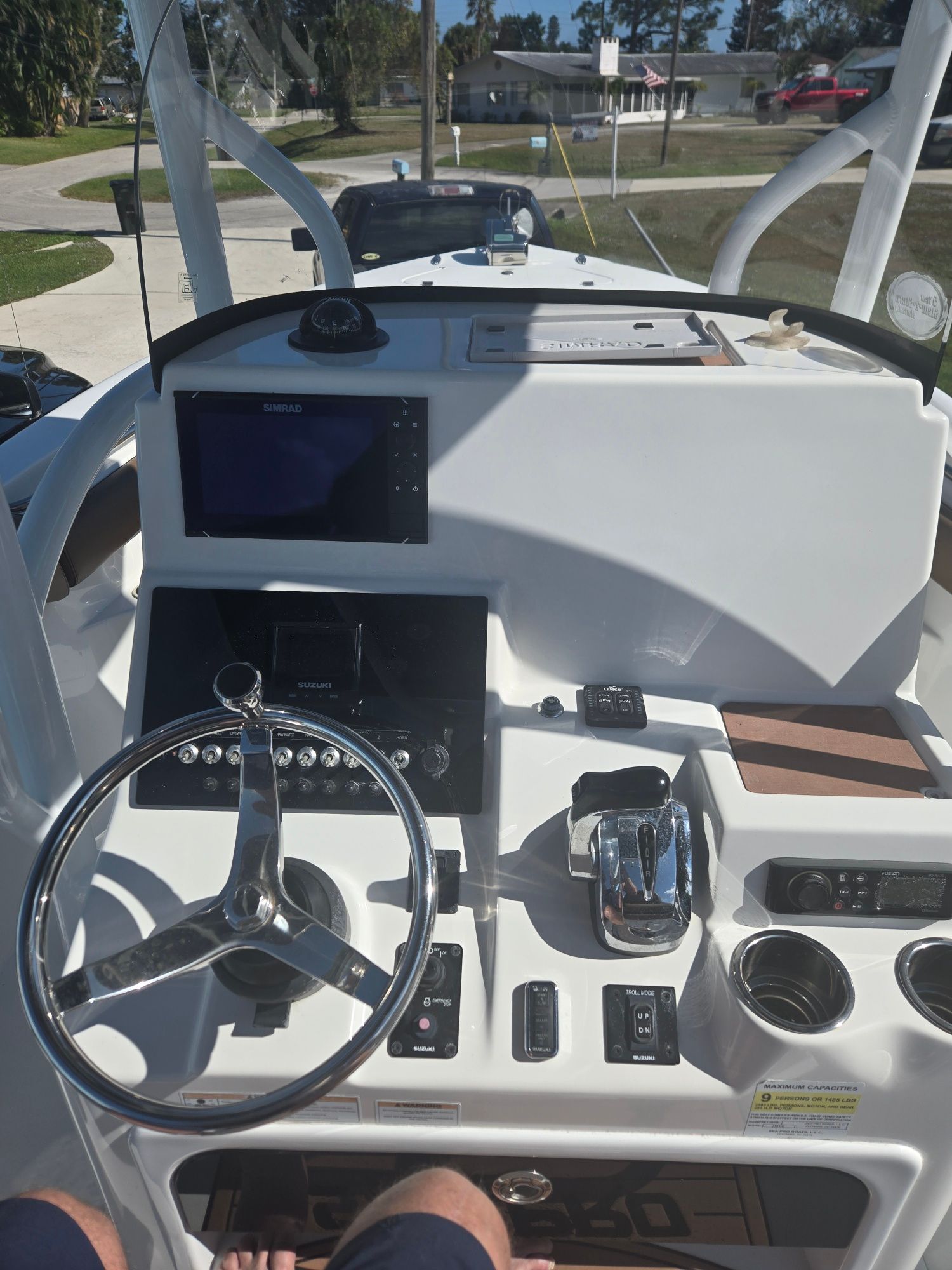 Helm console of a 2018 Sea Pro 21.9 boat with modern features.