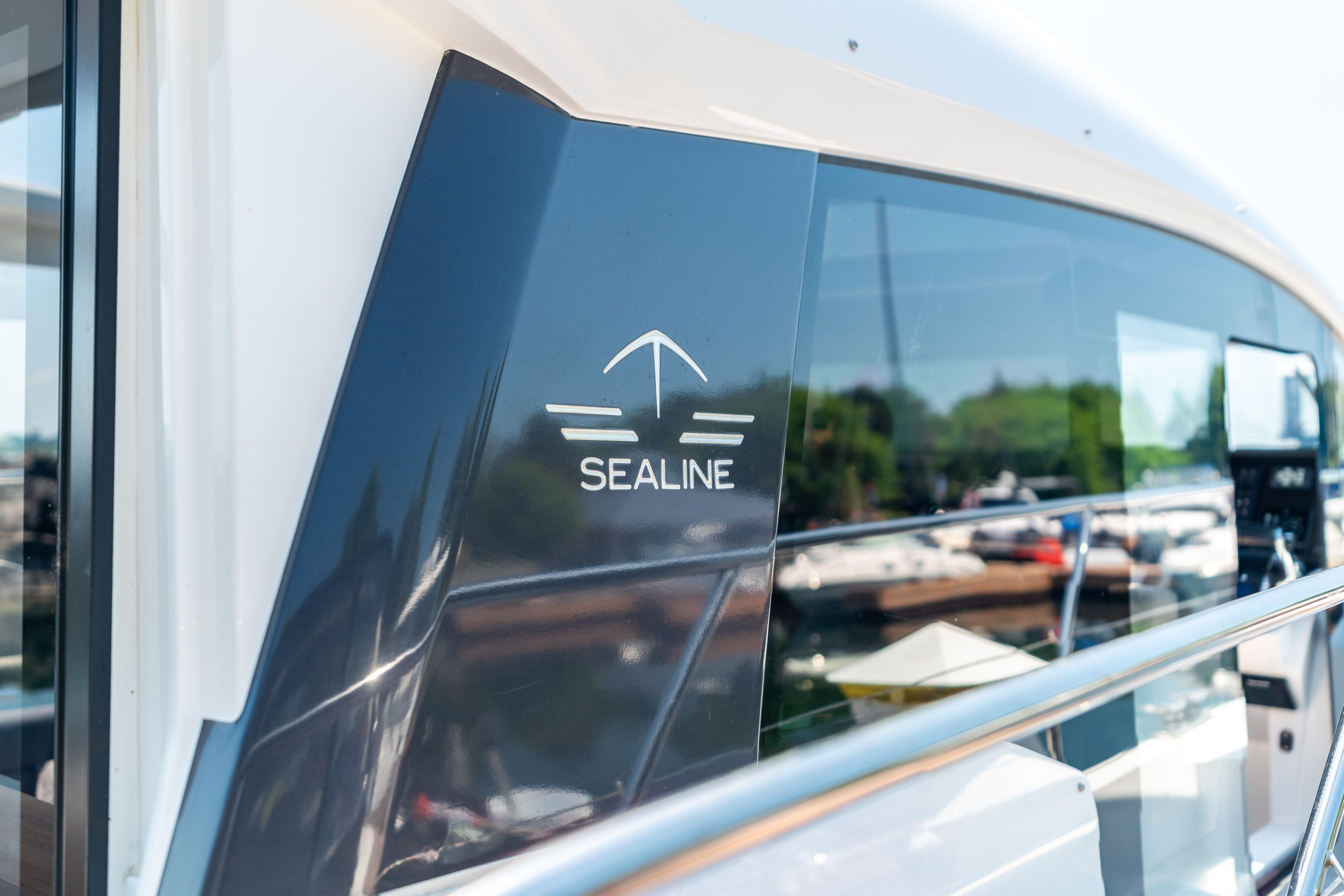 Close-up of the Sealine C335V with a sleek hull and modern design.