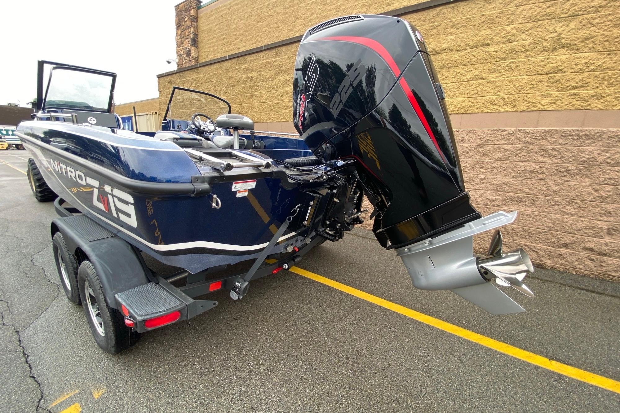 2026 Nitro ZV19 Pro boat with powerful outboard motor on trailer.