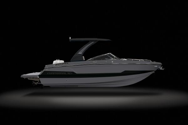 2025 Chaparral 2870 boat, sleek design, side view on black background.