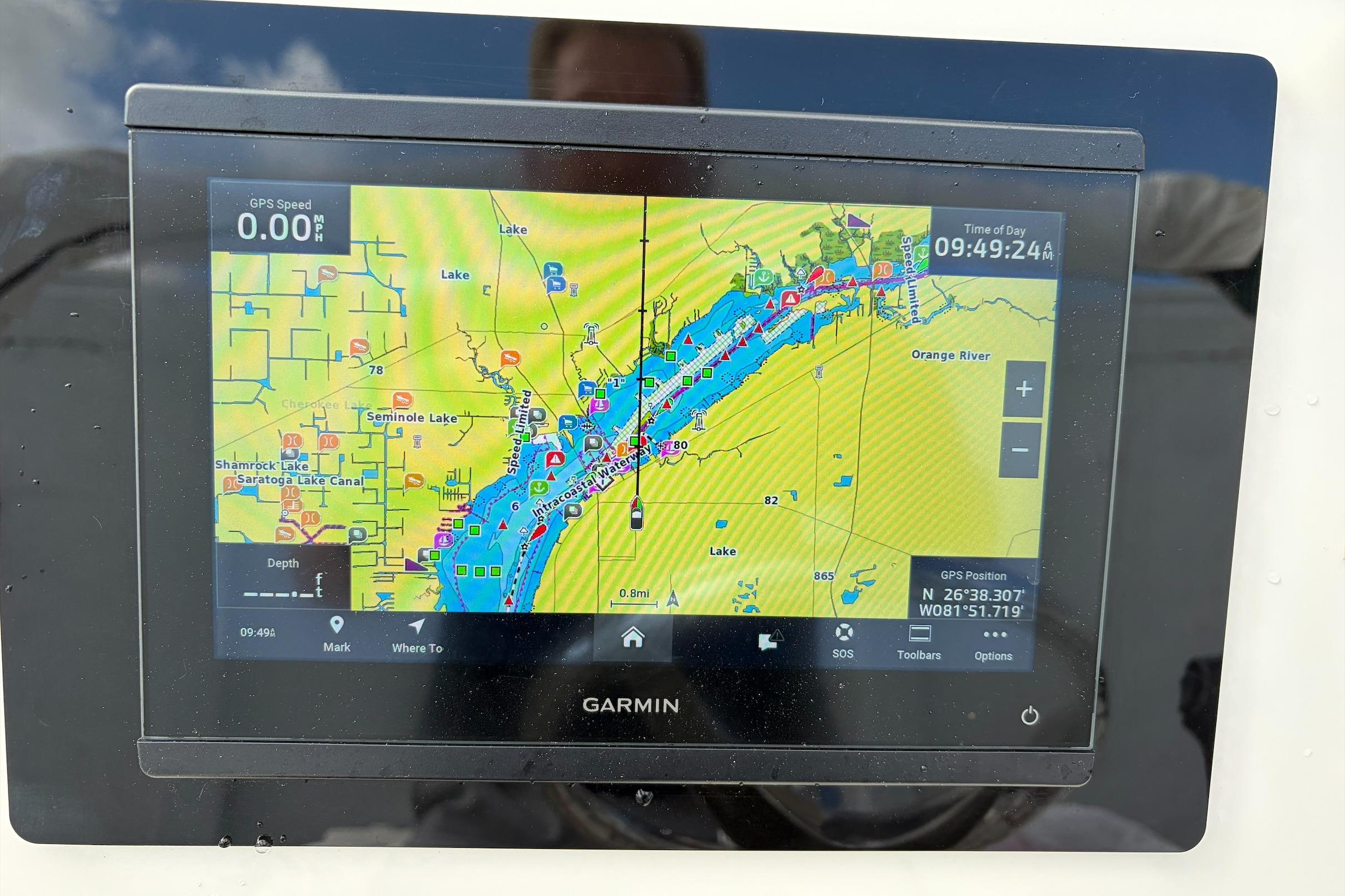 Garmin GPS display on 2017 Pathfinder 2200 TRS showing detailed waterway map.