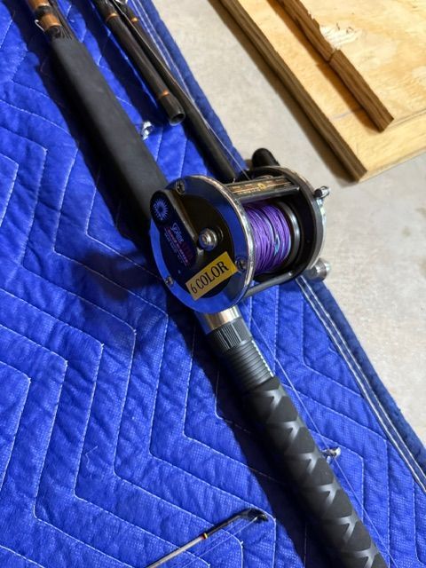Fishing rod with reel lying on a blue blanket.