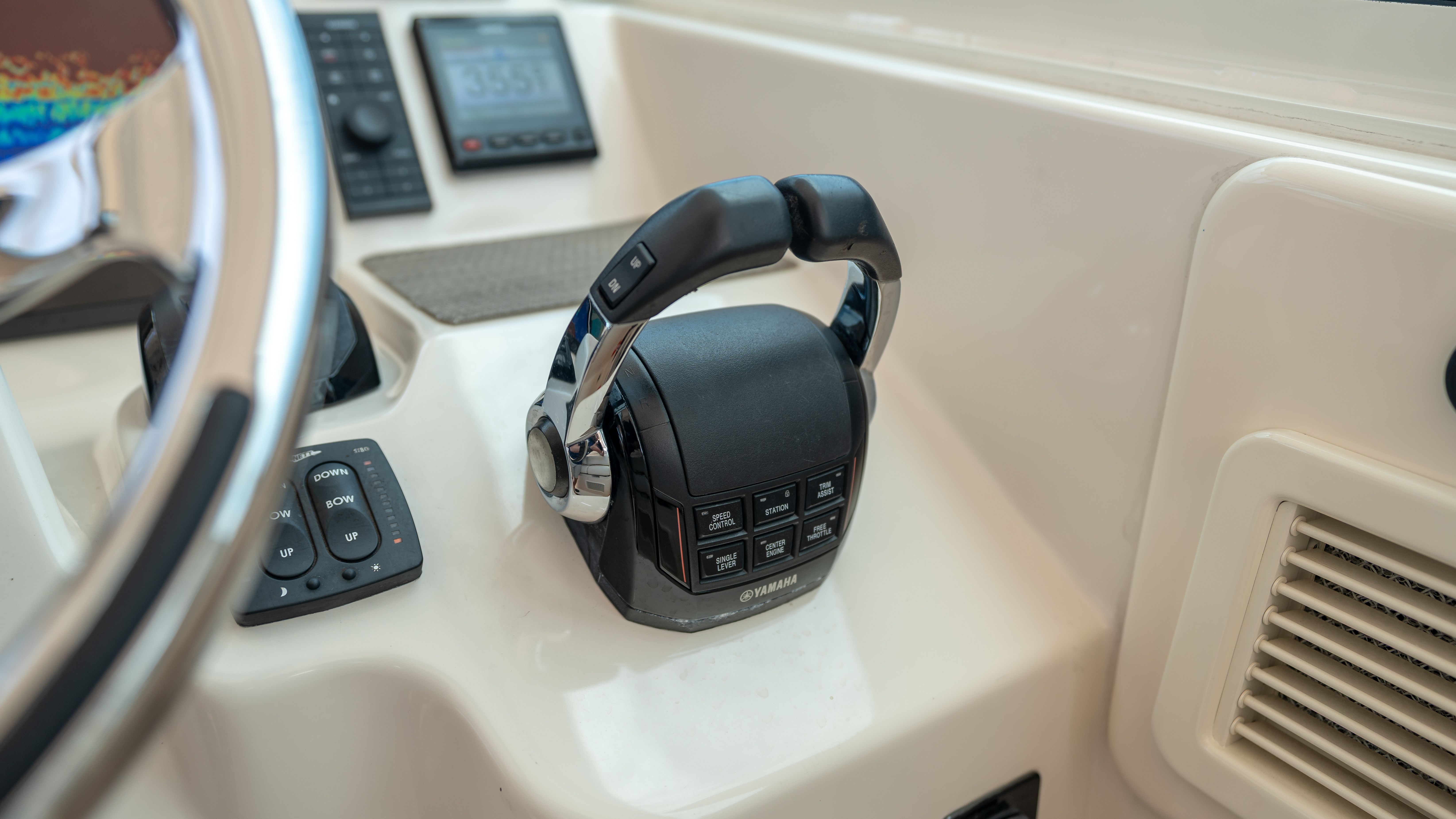 Close-up of the helm controls on a 2019 Grady-White 375 Freedom.