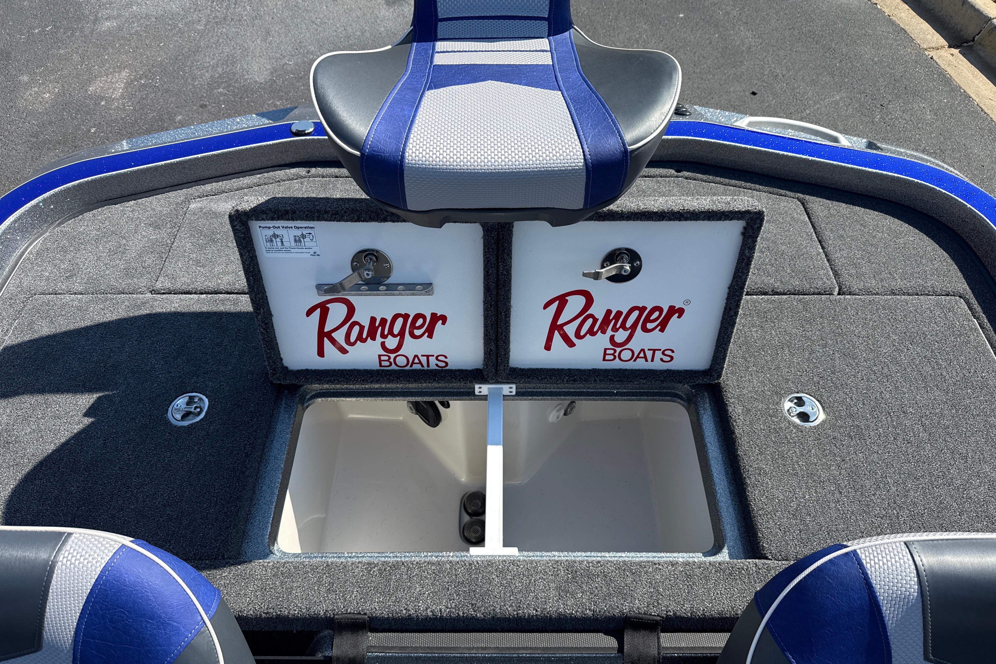 2026 Ranger Z521 boat interior with storage compartments and seating.