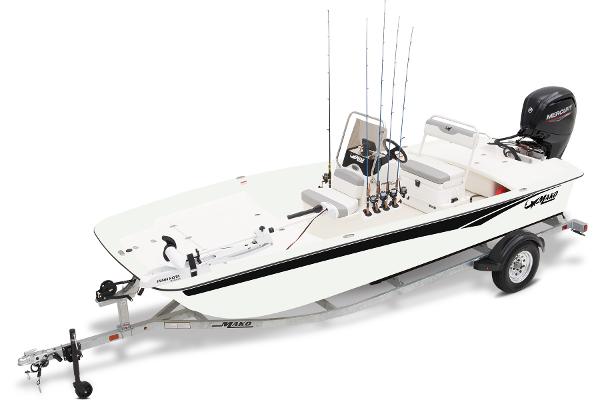 2026 Mako Pro Skiff 17 CC boat on trailer with fishing rods and motor.