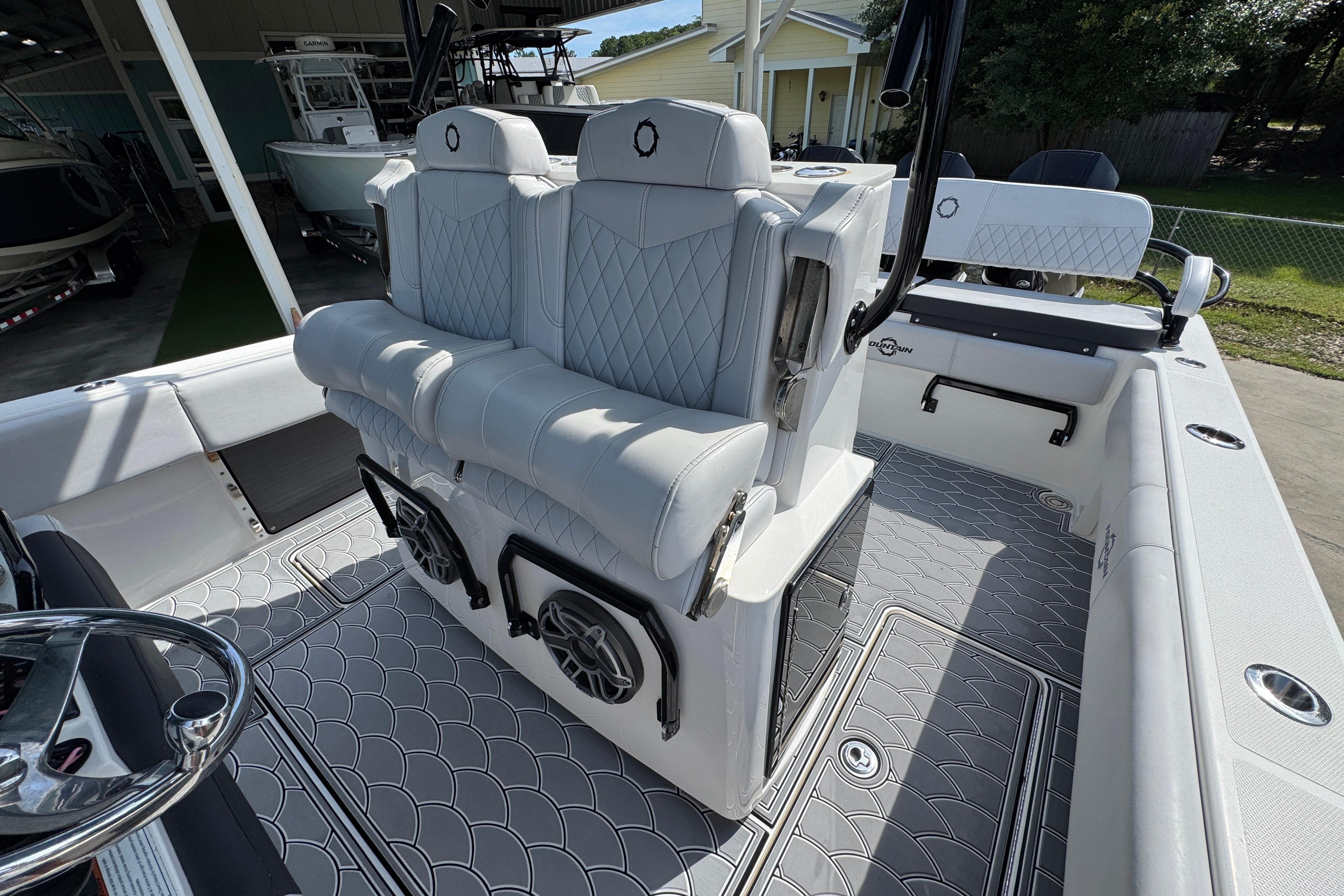 2023 Fountain 34 Tournament Edition boat interior with luxury seating and modern design.