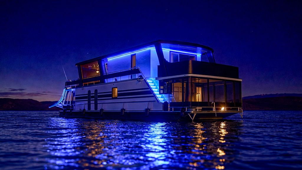 1999 Sumerset Widebody houseboat with blue lights on water at night.