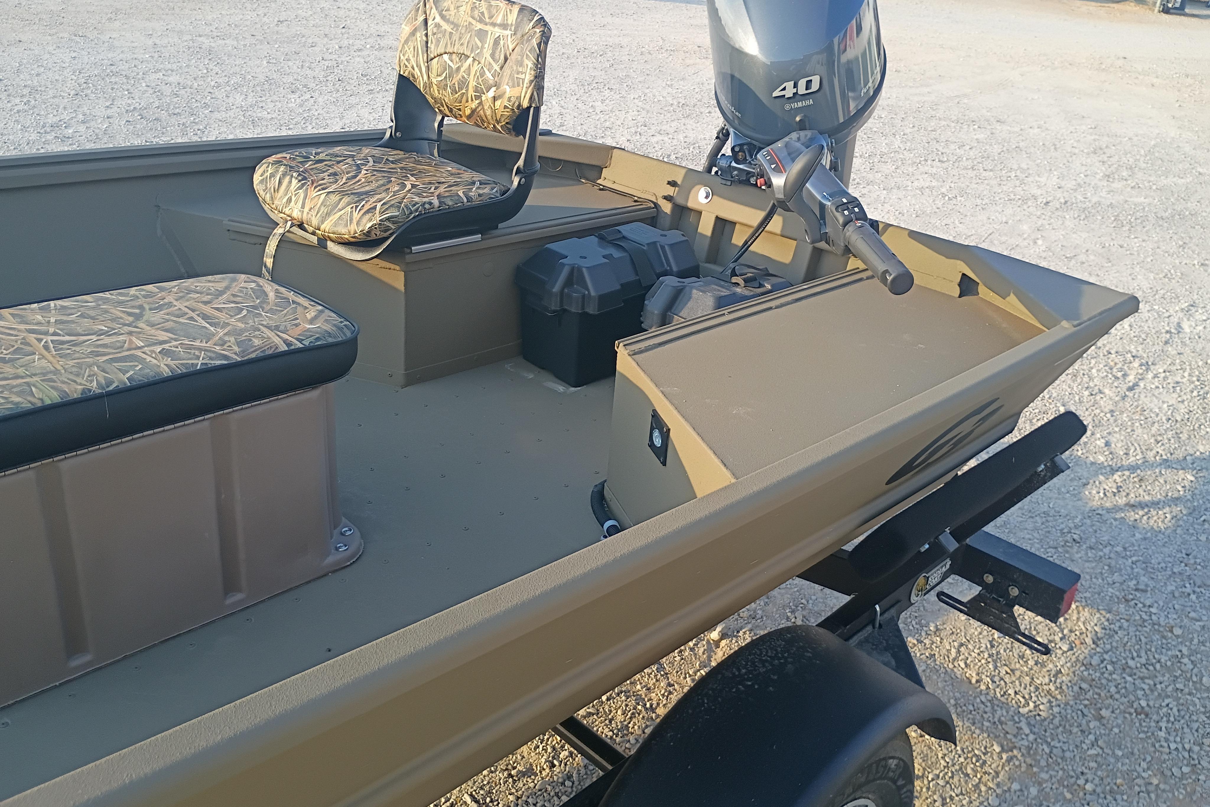 2026 G3 Gator Tough 16 FL boat with camo seats and Yamaha 40 engine.