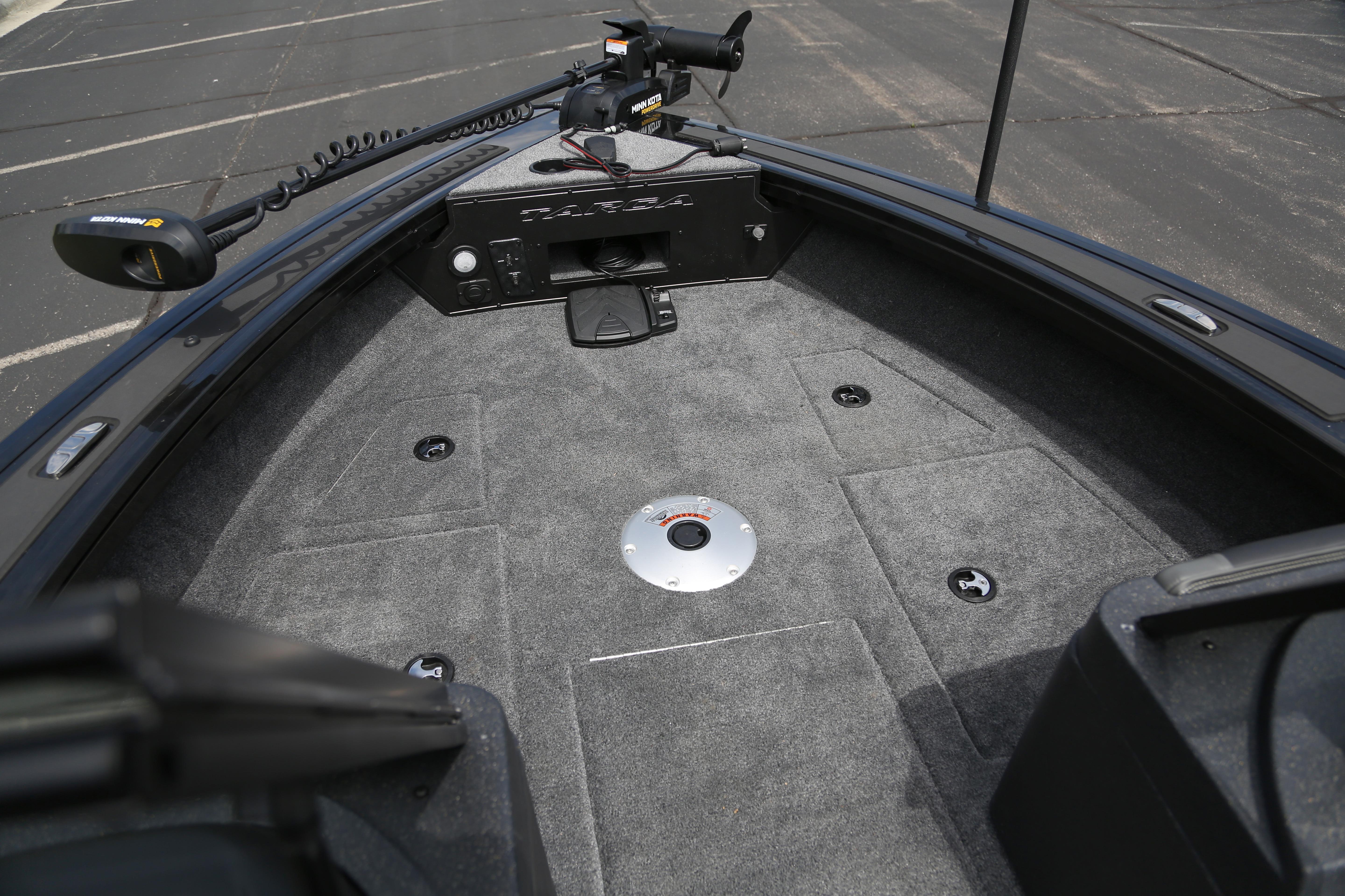 2026 Tracker Targa V-19 WT boat interior with carpeted deck and trolling motor.