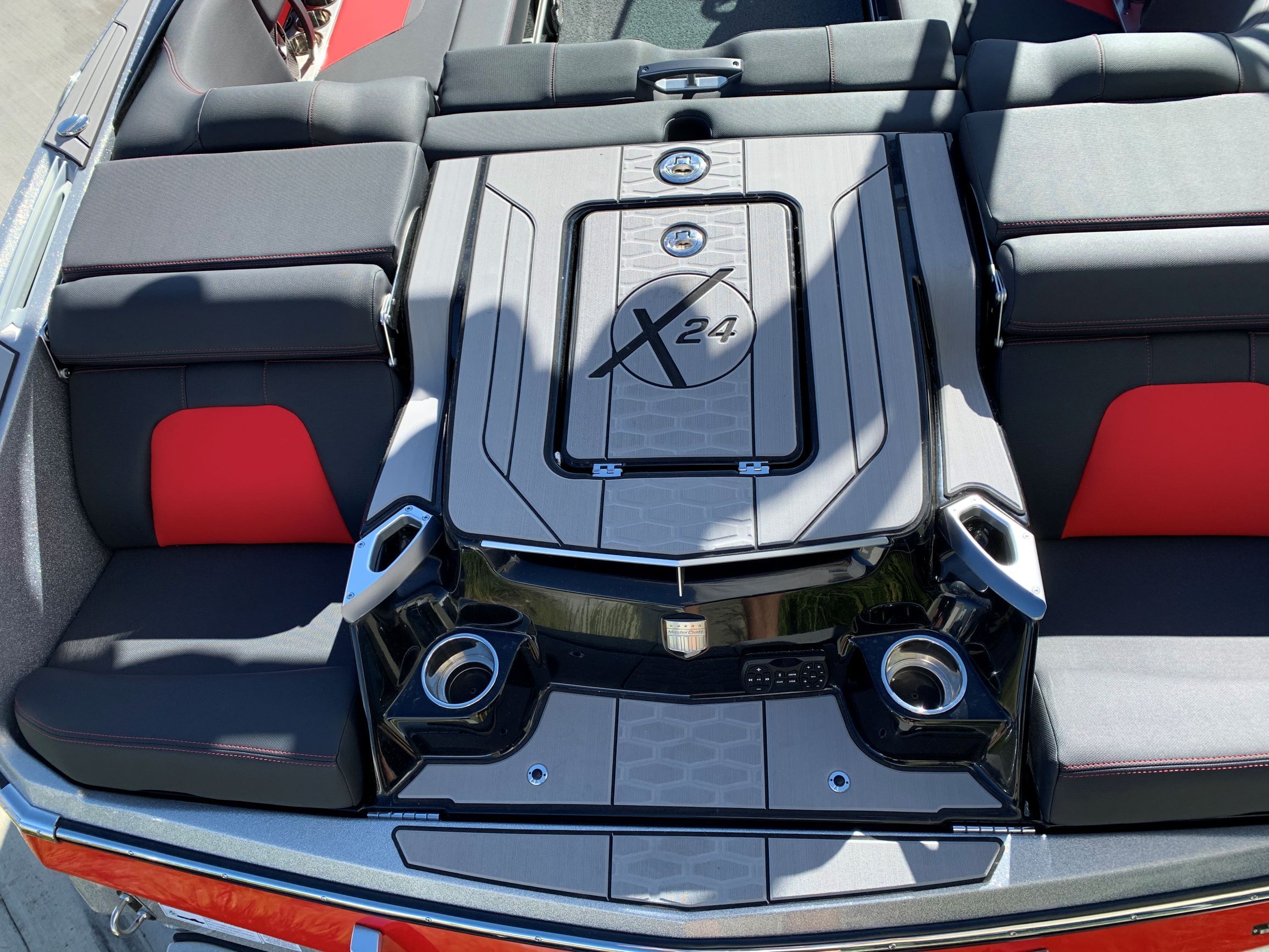 Rear view of the MasterCraft X24 with stylish design and cup holders.