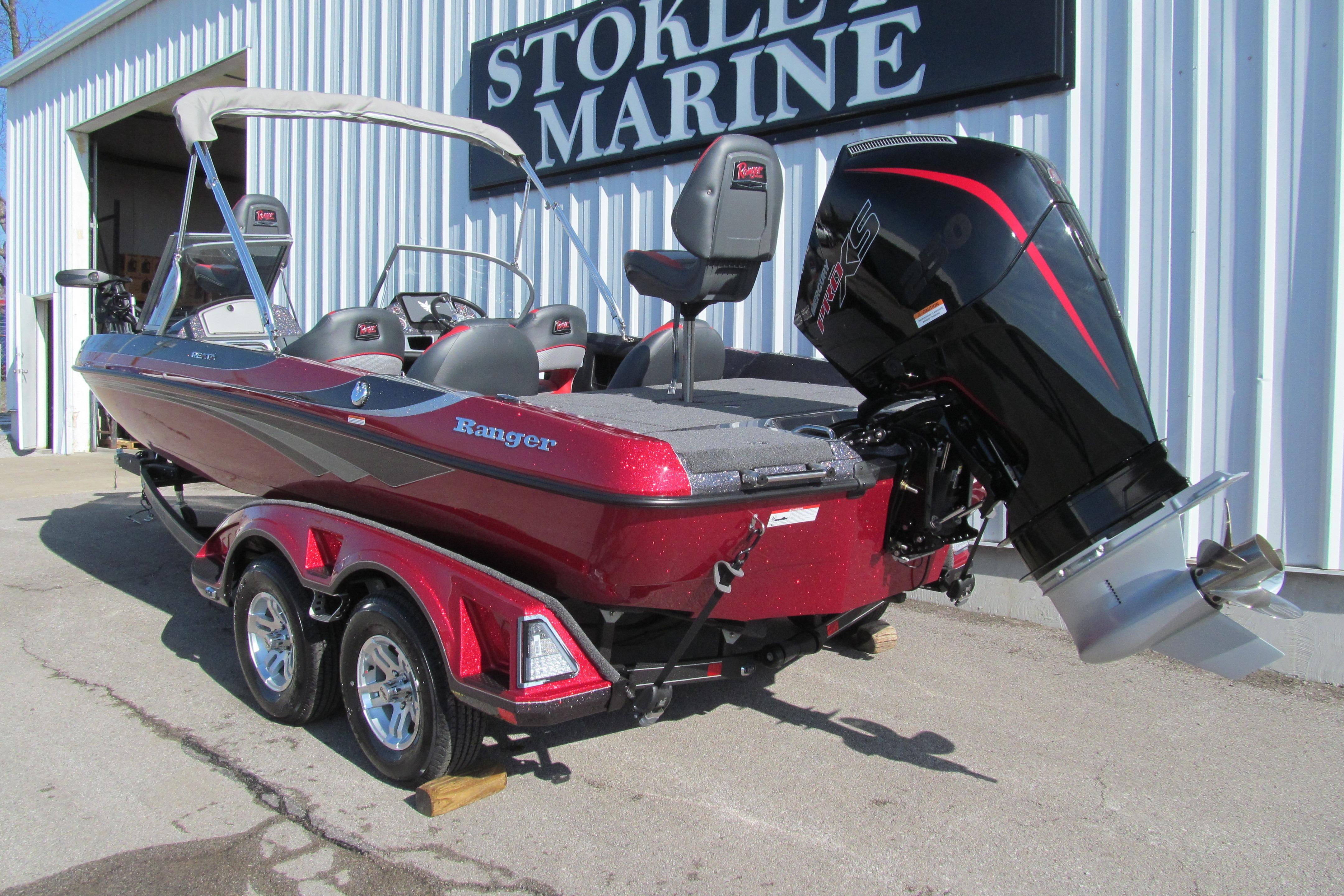 2026 Ranger 212LS boat with powerful outboard motor at Stokley Marine dealership.