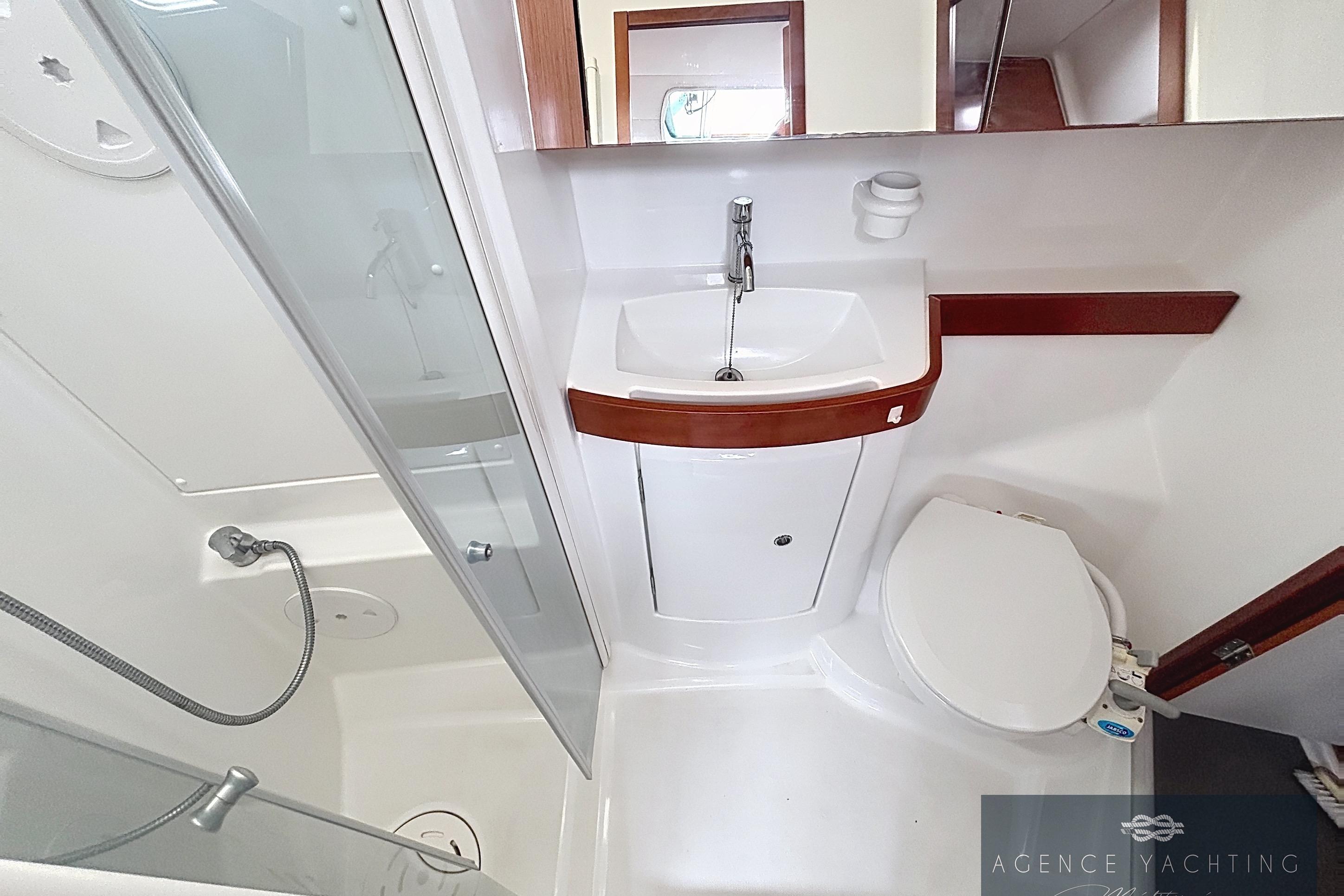 Bathroom of 2008 Beneteau Oceanis 40 yacht with shower, sink, and toilet.