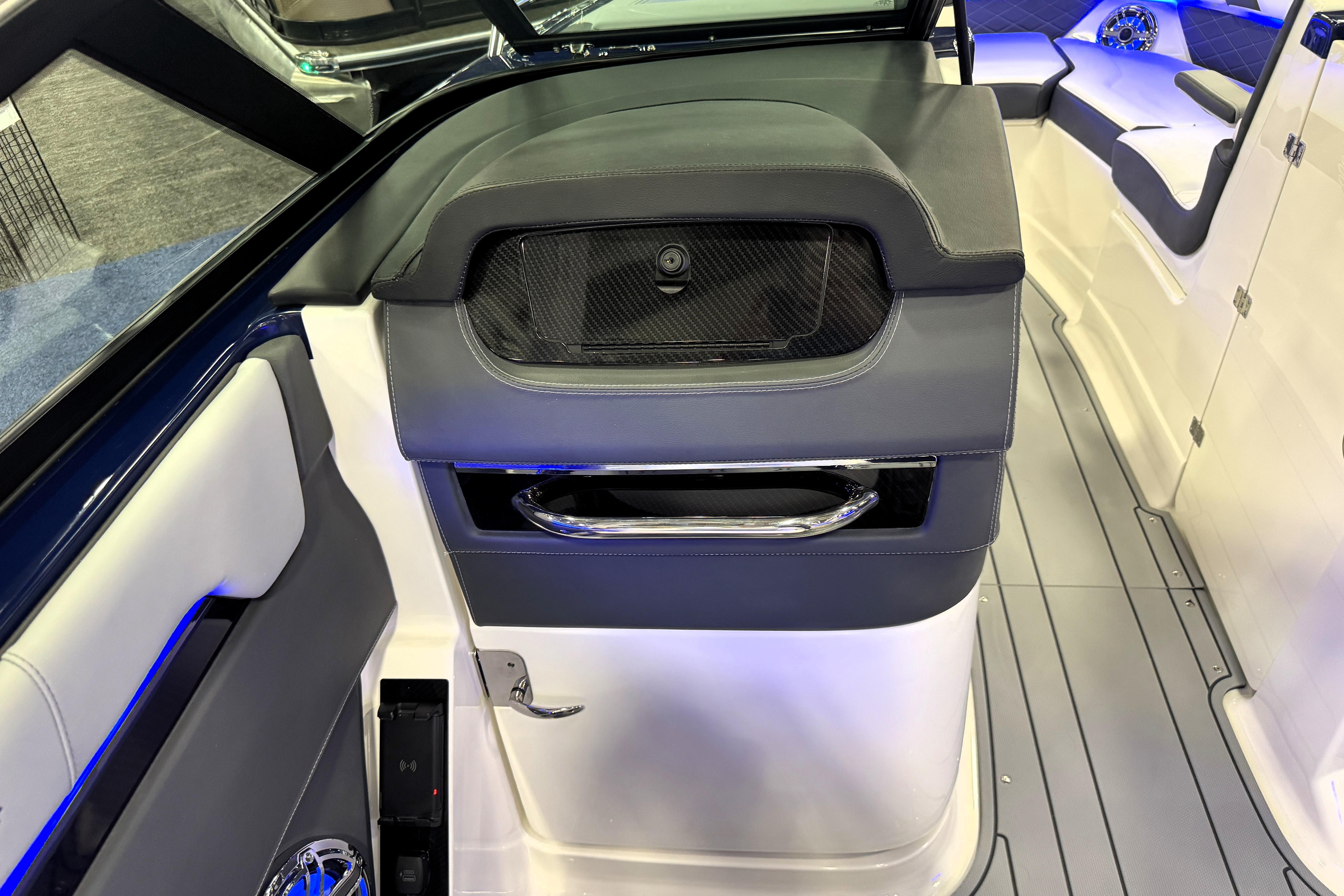 Interior of 2026 Chaparral GTS 6 boat with modern seating and sleek design.
