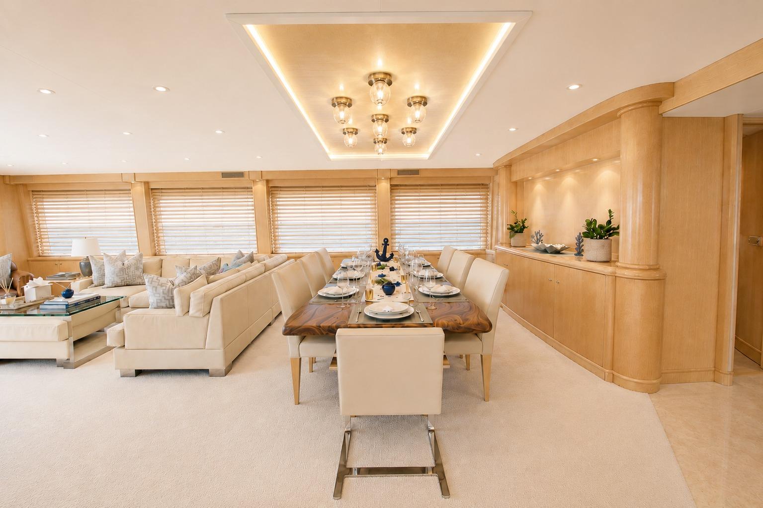 Luxurious Crescent Custom Yacht interior with elegant dining and seating area, 2000 model.