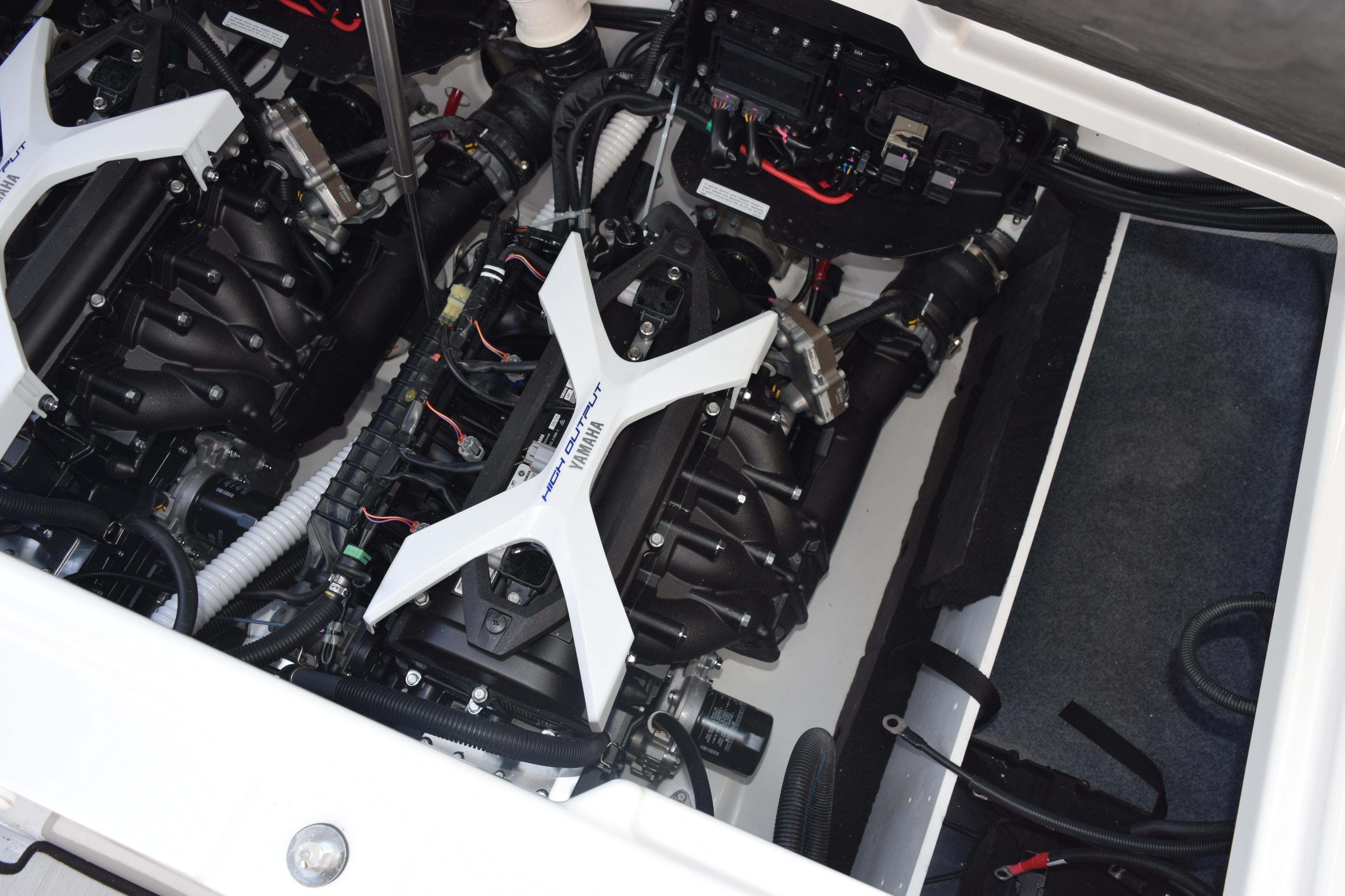 Engine compartment of 2026 Yamaha Boats 222SE, showcasing dual high-output engines.