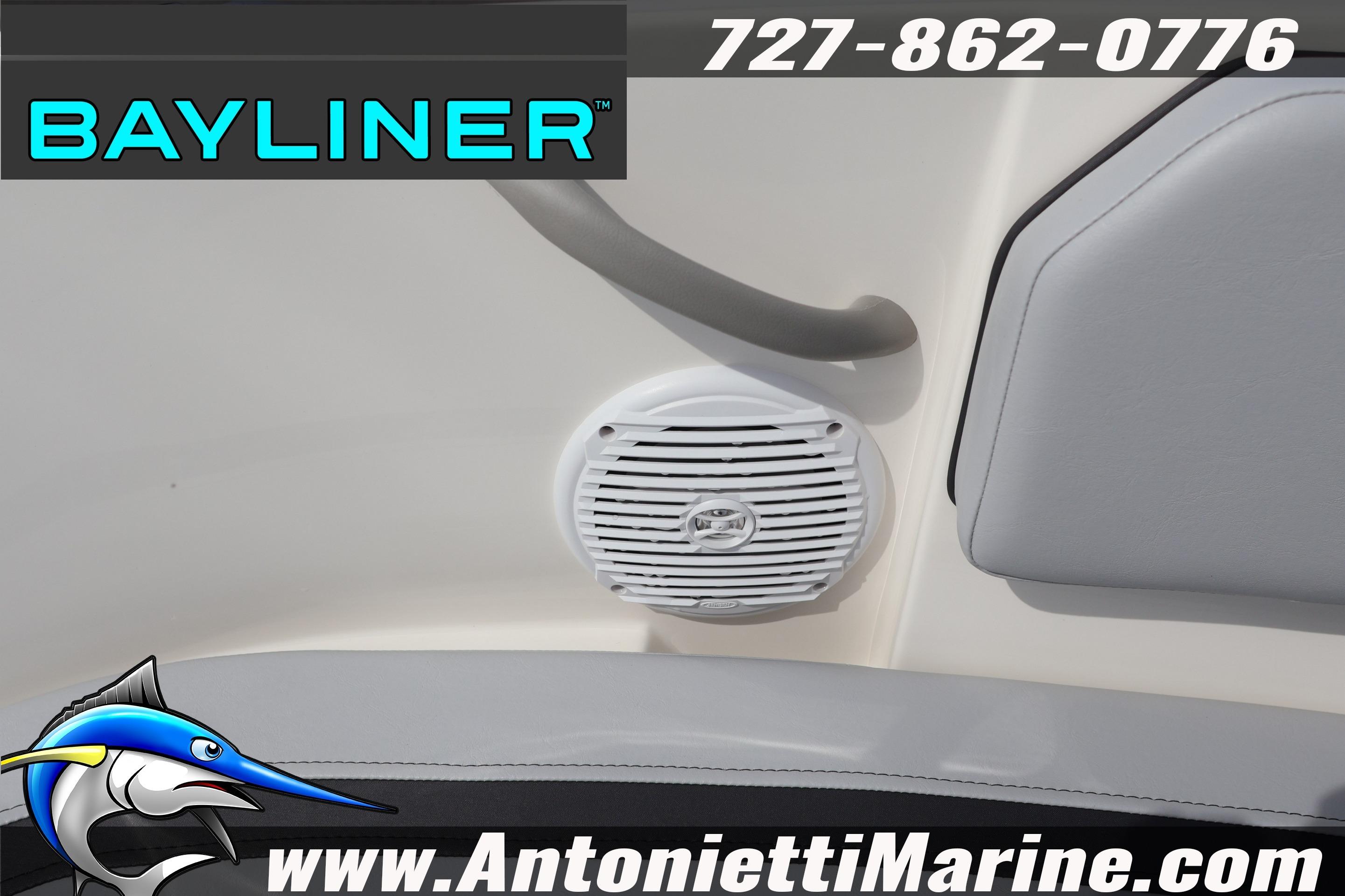 Bayliner Element M17 boat interior with speaker, logo, and contact information.