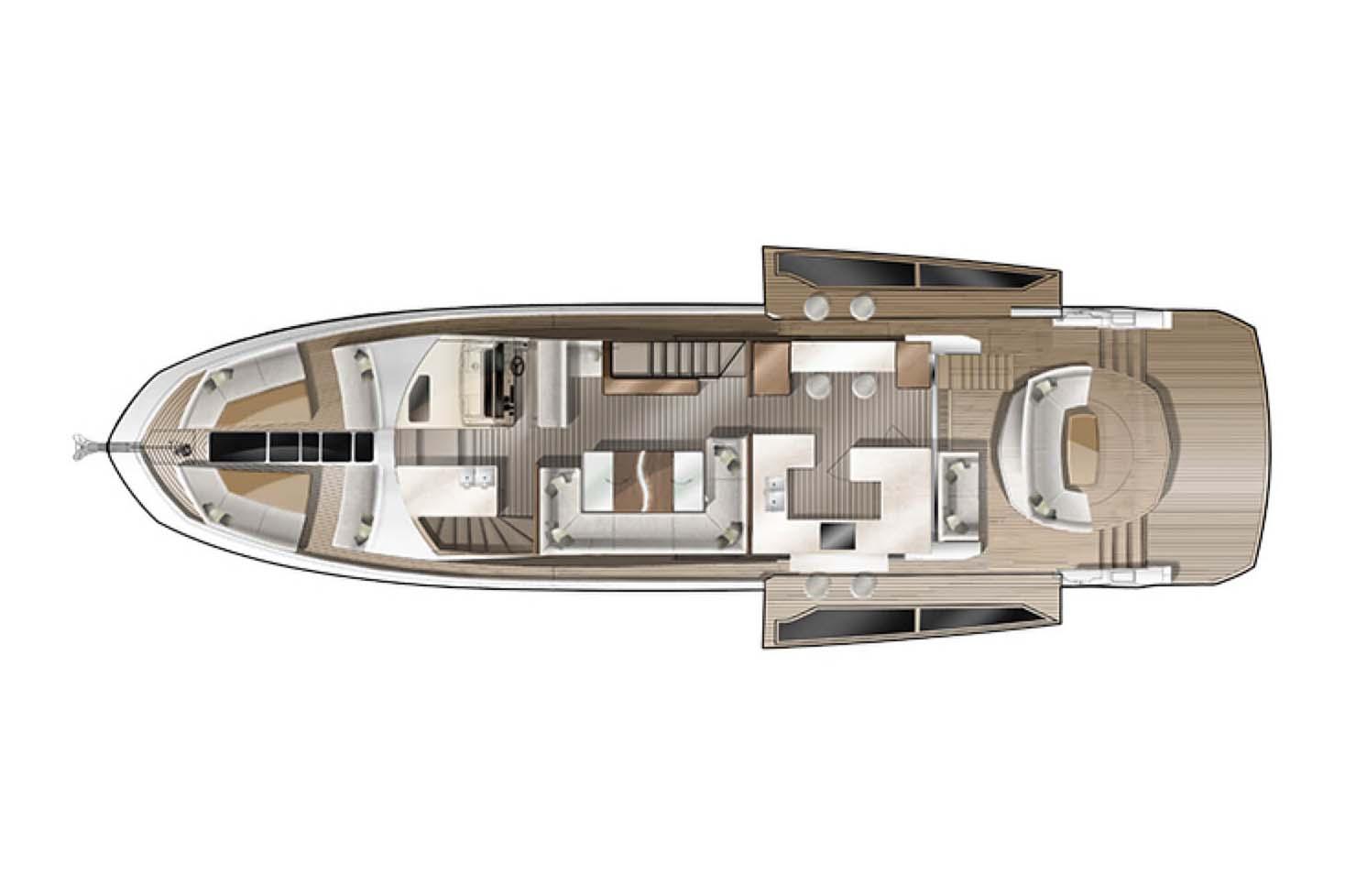 Manufacturer Provided Image: Top view layout of 2025 Galeon 650 Sky yacht, showcasing interior design and deck arrangement.