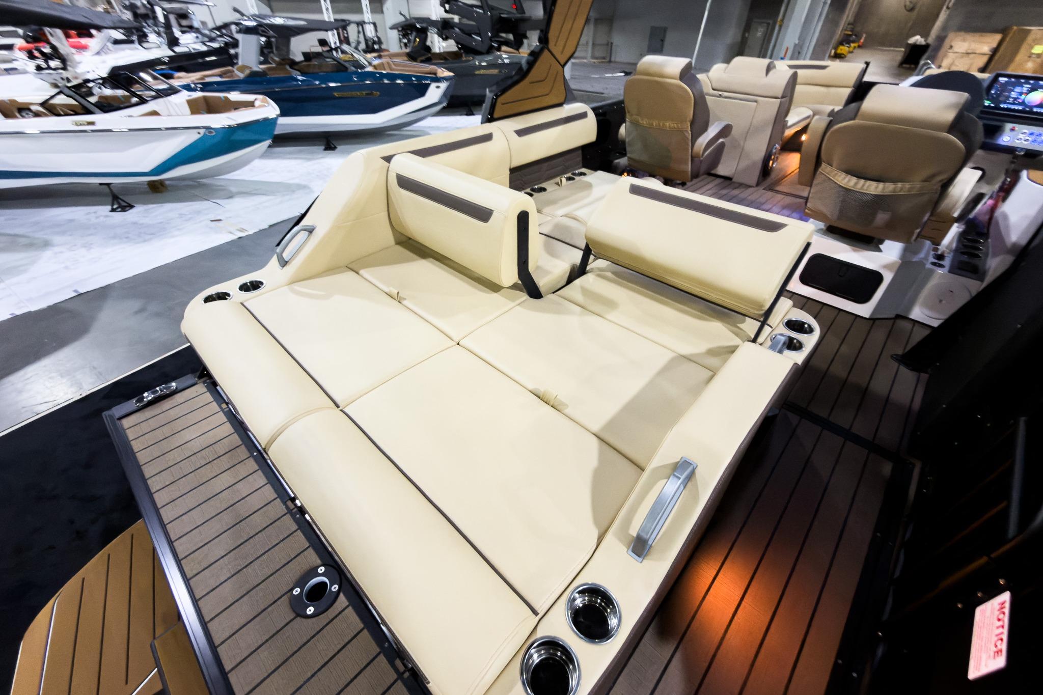 2026 Montara Surf Boss EVO 25' luxury boat interior with beige seating and modern design.