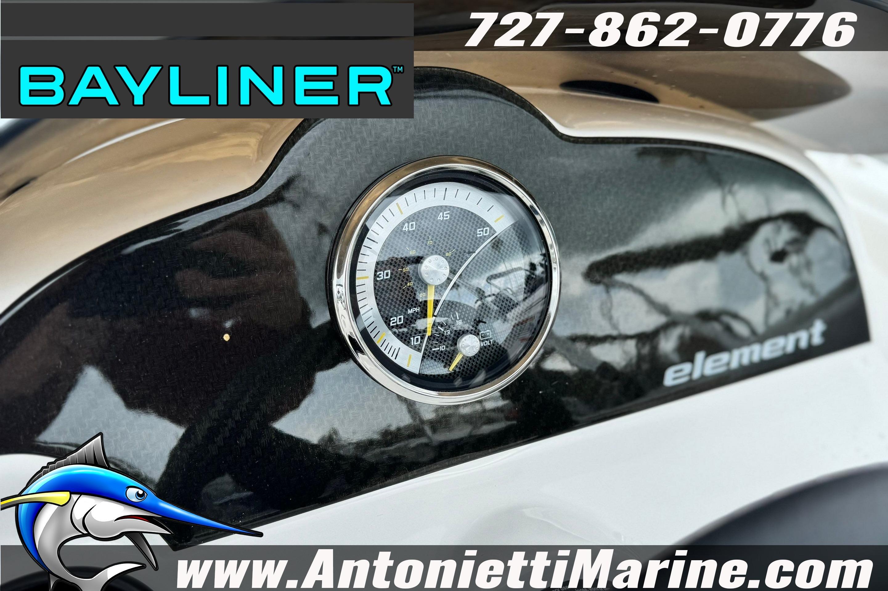 Dashboard of 2026 Bayliner Element E16 boat with speedometer and branding details.