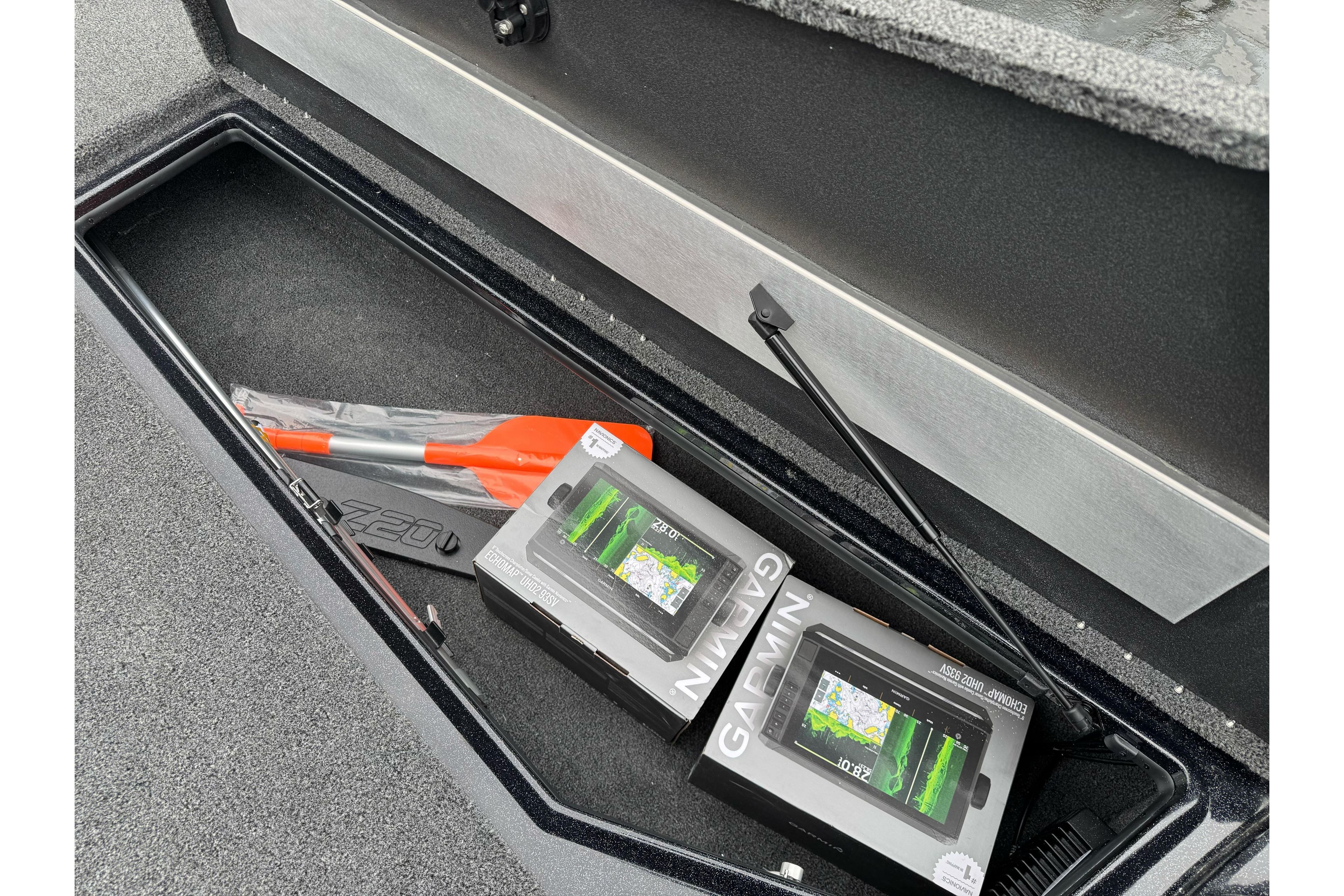2026 Nitro Z20 XL Pro boat storage with Garmin electronics and paddle.