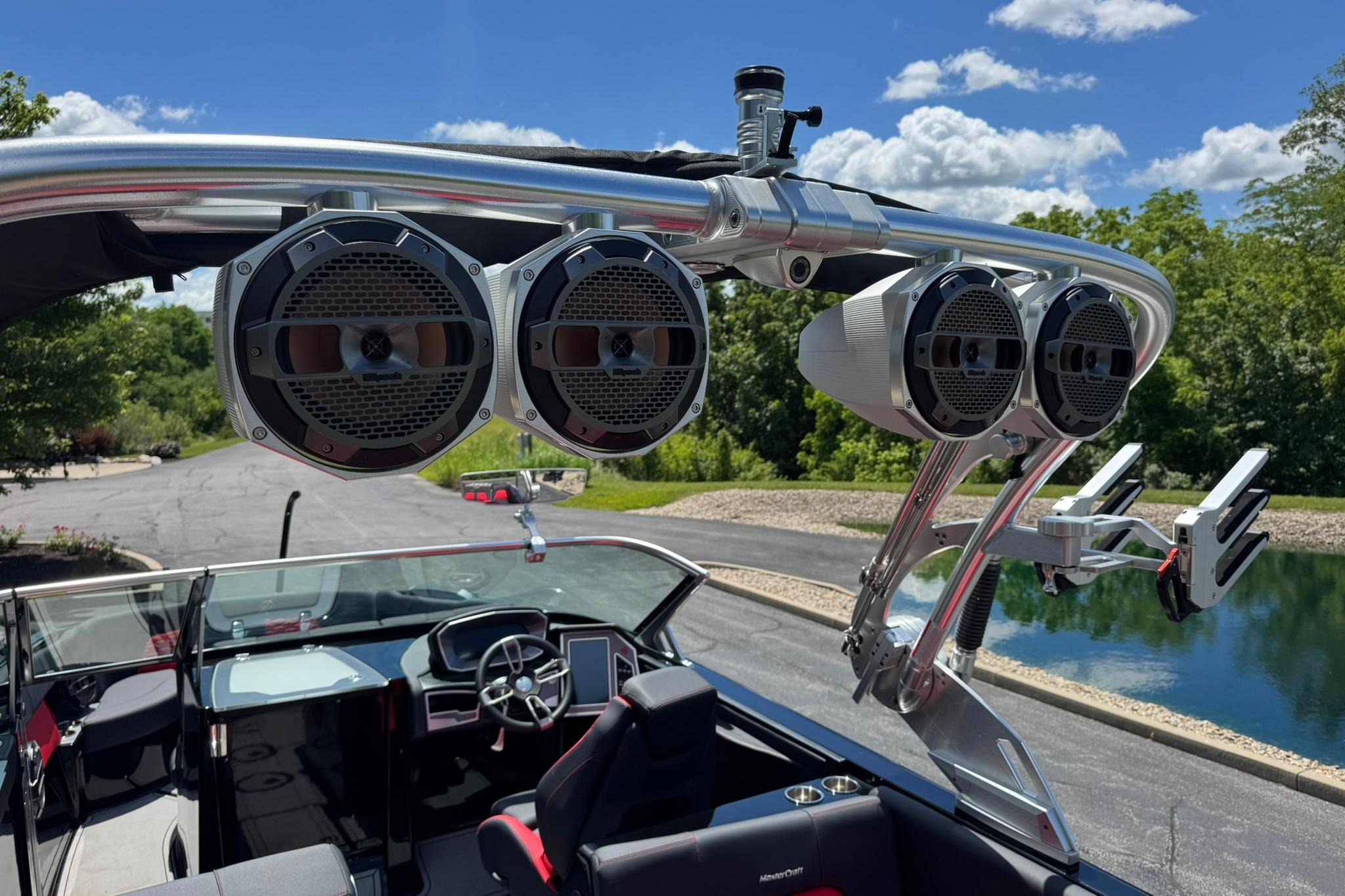 2021 MasterCraft X26 boat with premium speakers and sleek interior design.