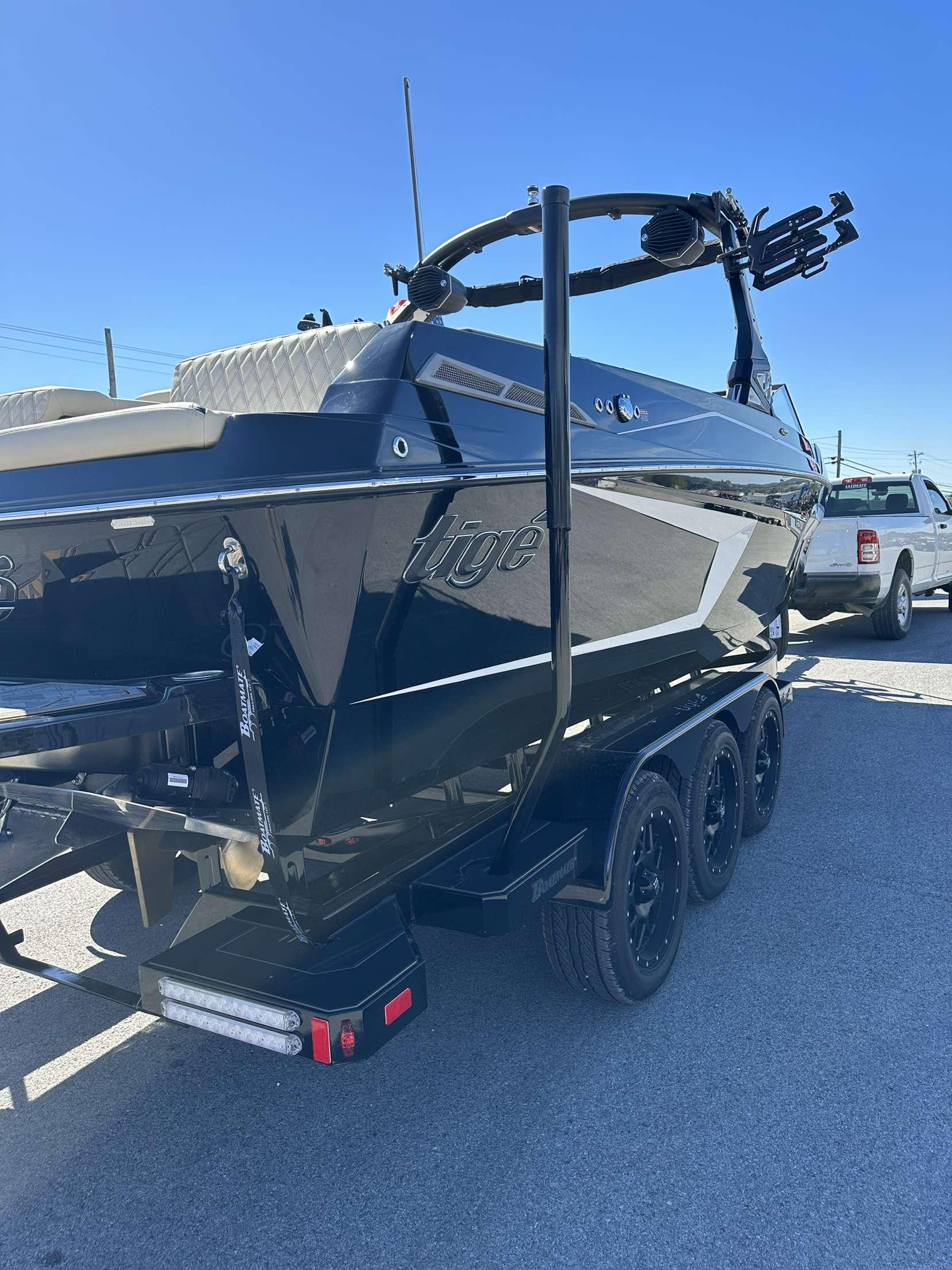 2024 Tigé 24RZX boat on a trailer, rear view.