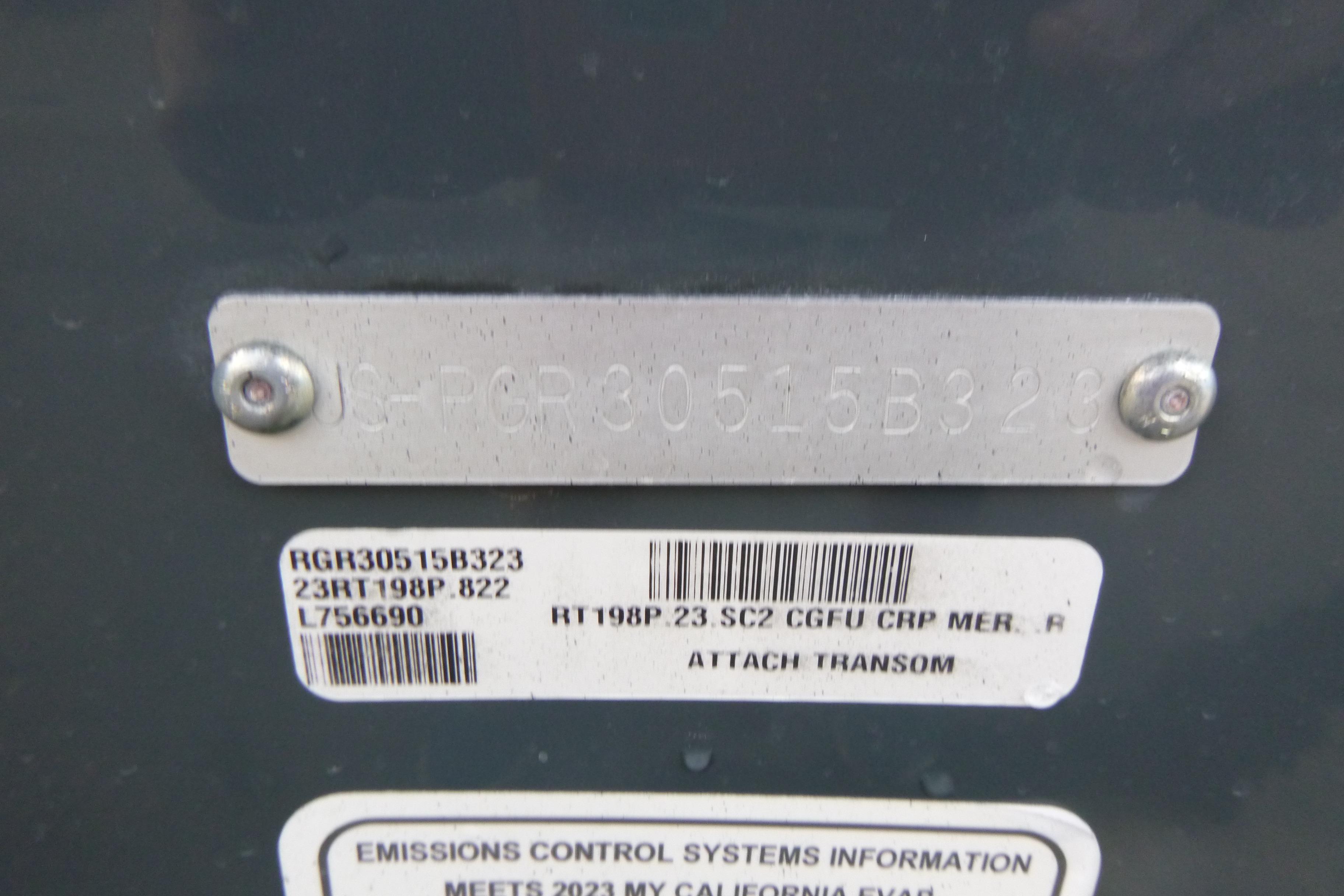2023 Ranger RT198P boat identification and emissions control labels.