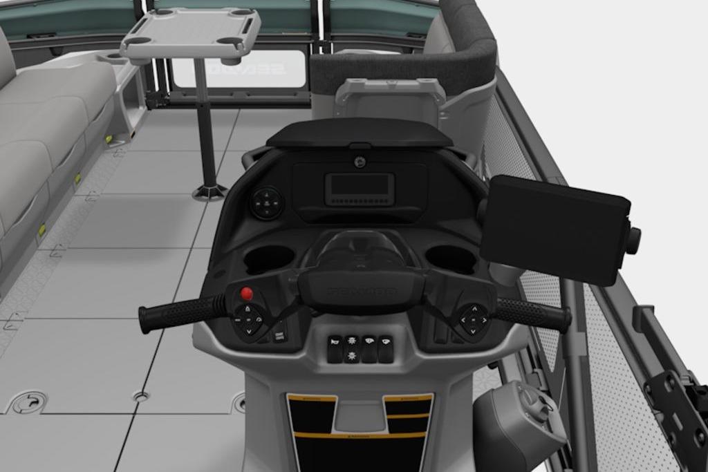 2026 Sea-Doo Switch Cruise 21 dashboard with steering controls and seating area.