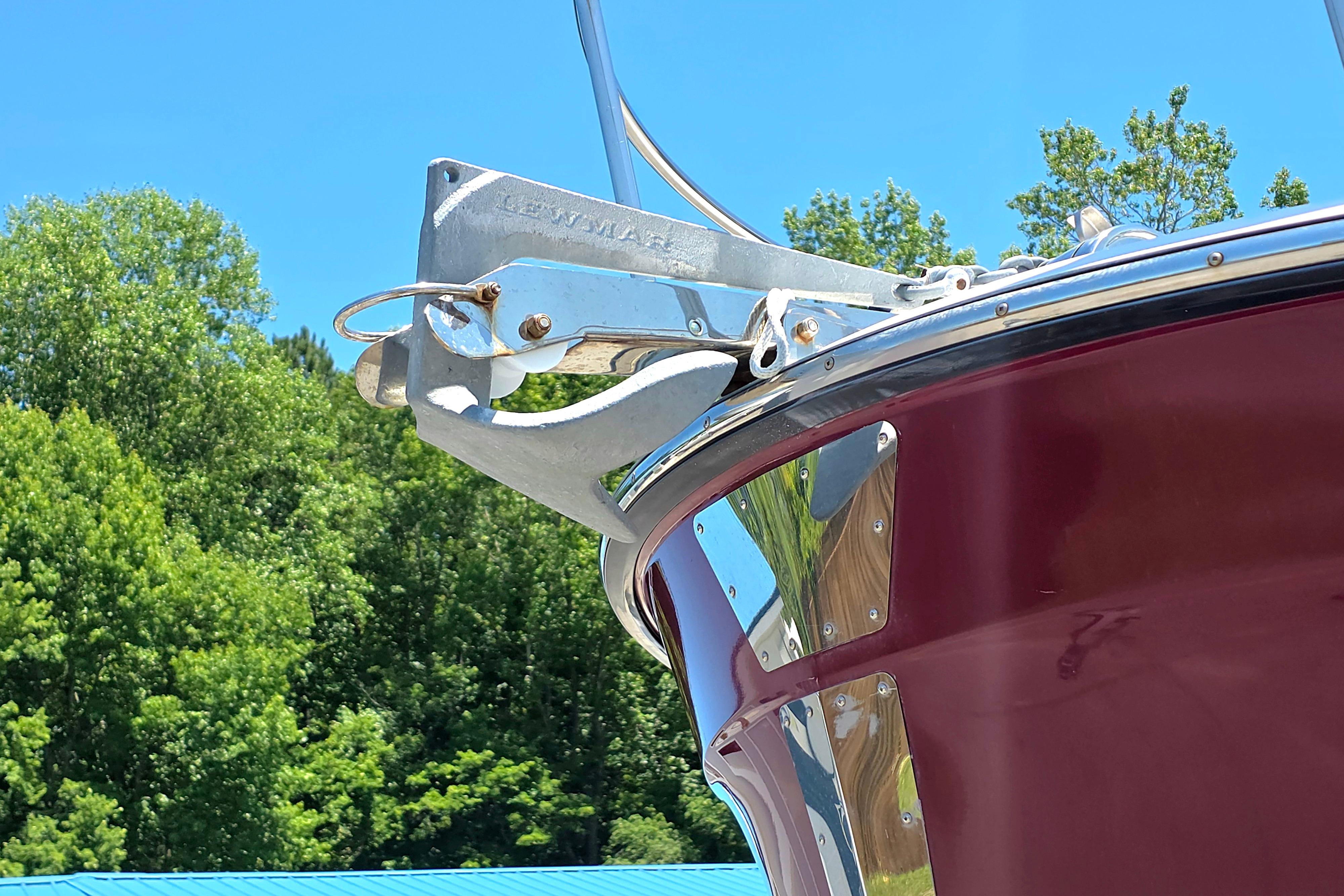 2021 Ranger Tug R27 boat anchor detail against a clear blue sky.
