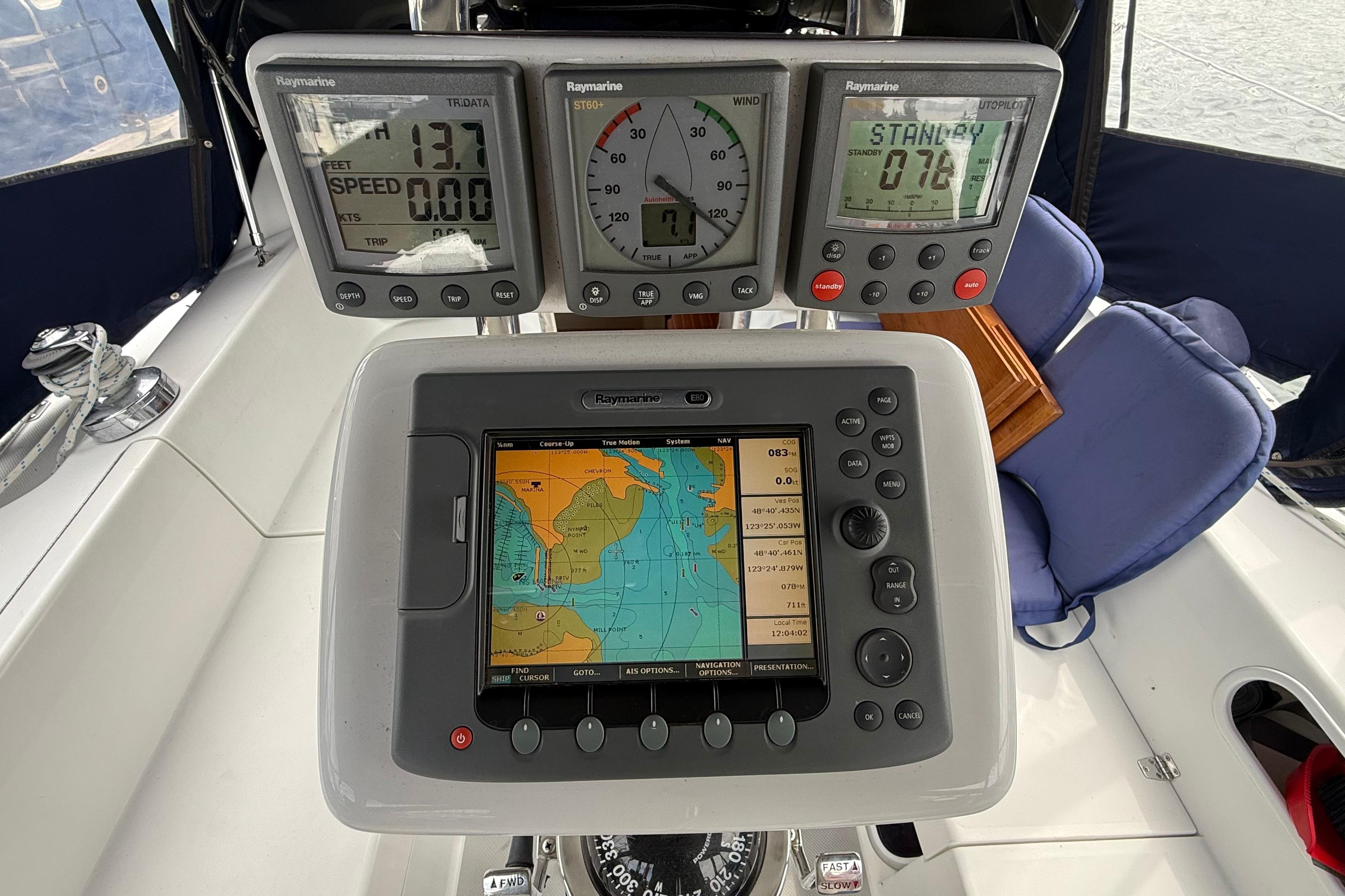 Cockpit navigation instruments on a 2005 Catalina 36 MkII sailboat.
