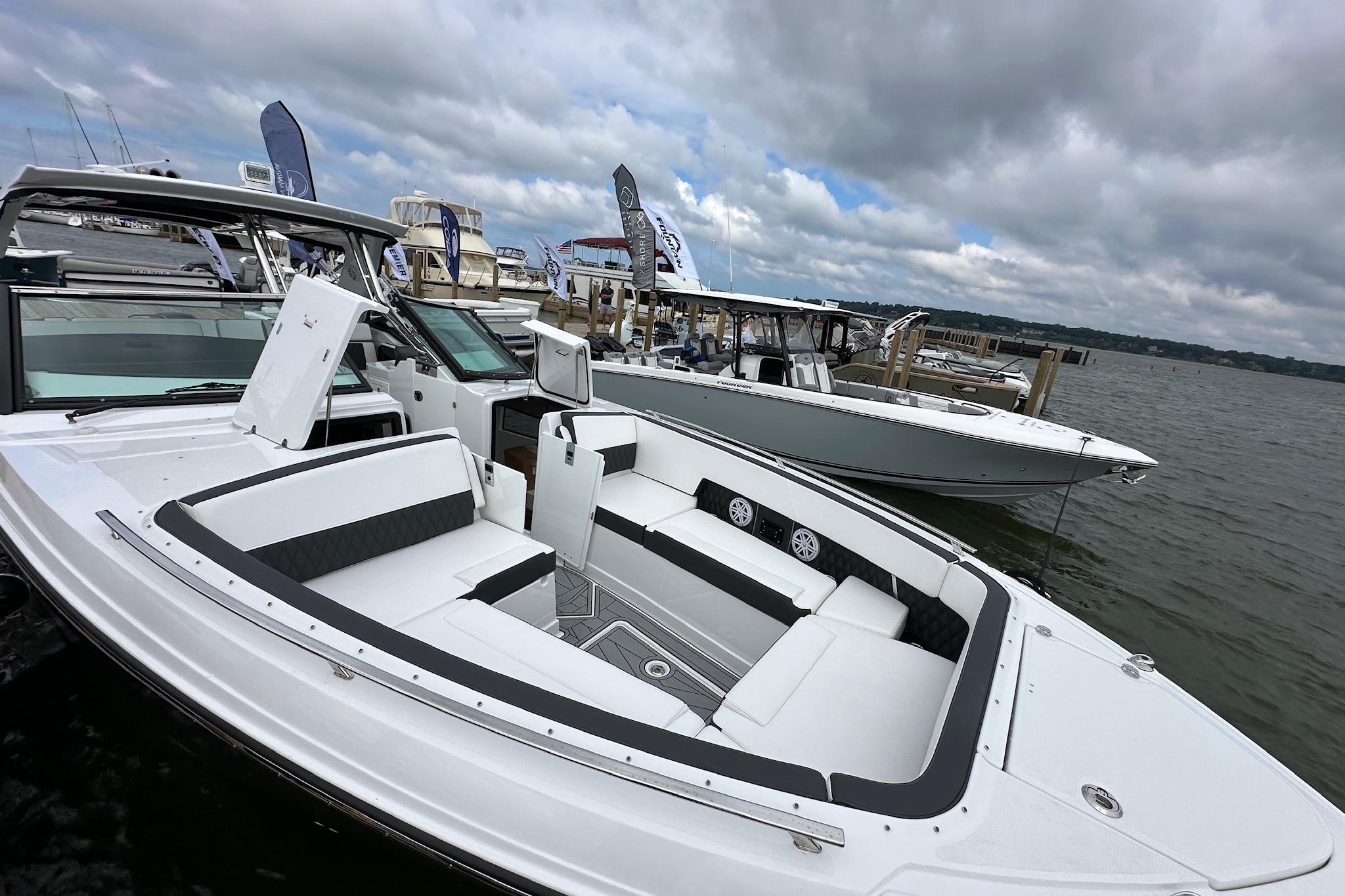 2023 Monterey 378SS Super Sport boat docked, showcasing sleek design and spacious seating.