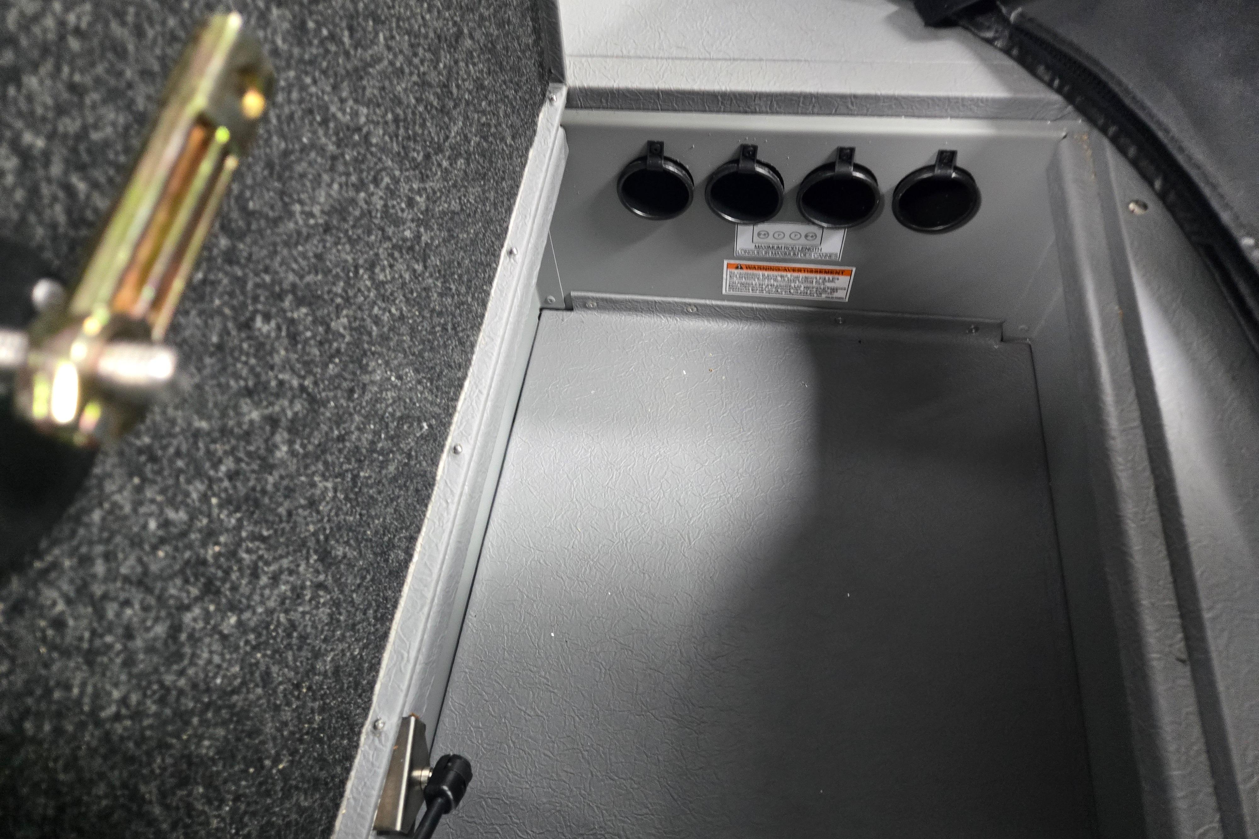 Storage compartment in 2026 Princecraft Sport 175 MAX boat, featuring multiple cup holders.