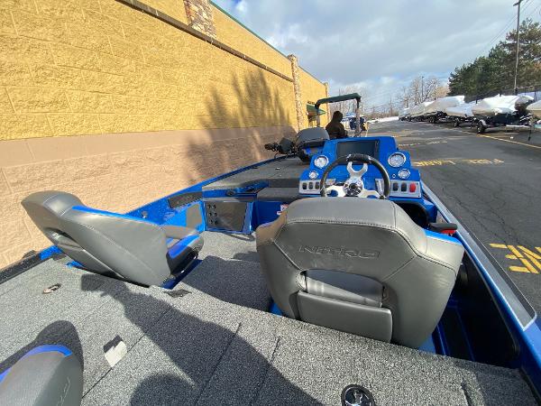 2025 Nitro Z18 Pro boat interior with blue accents and dual seating.