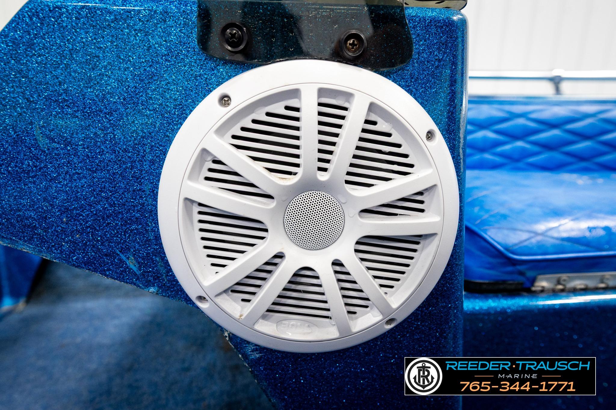 White speaker on blue 1980 Ranger 175 VS boat interior, Reeder Trausch Marine logo visible.