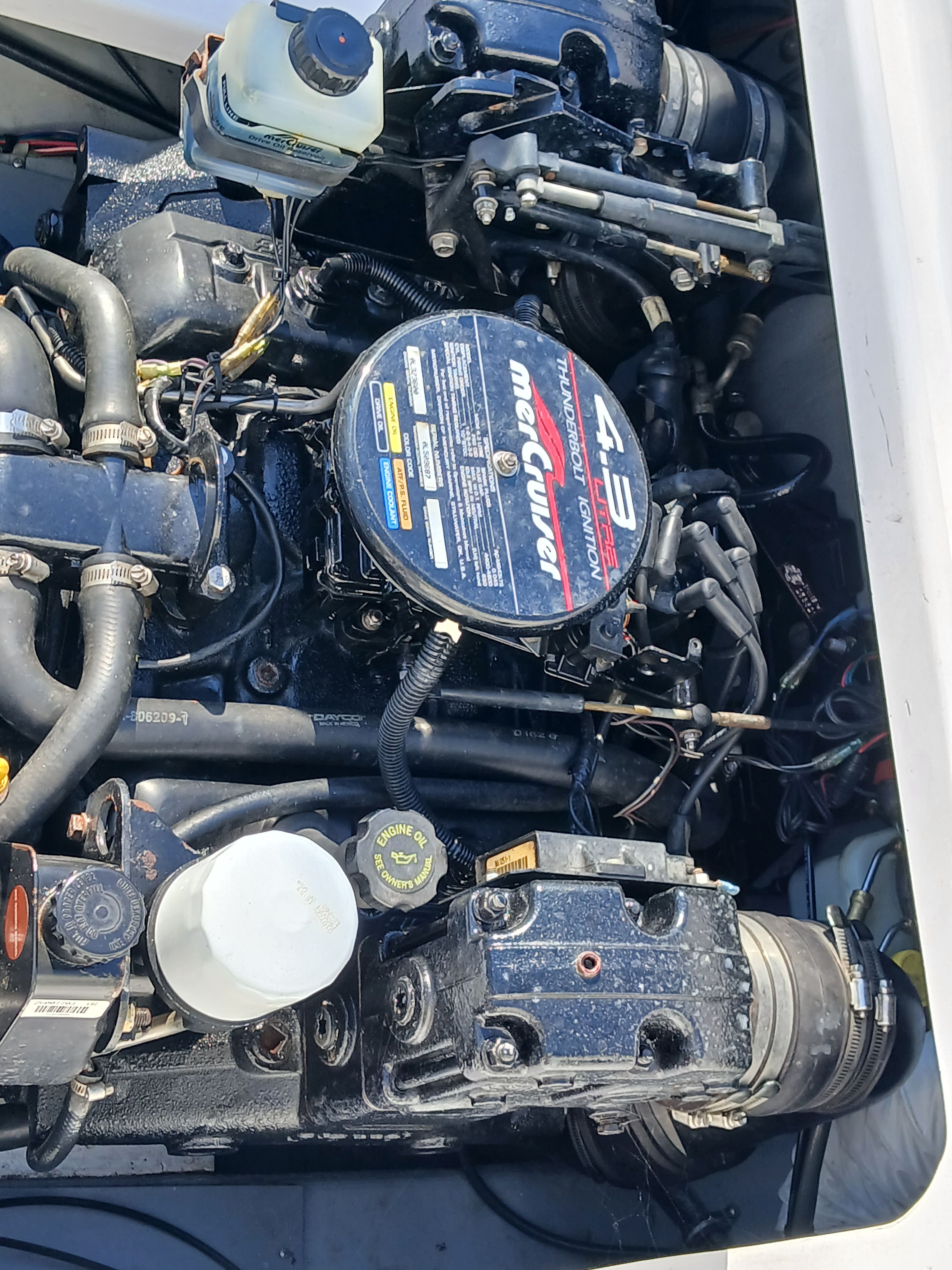 Engine compartment of a 1999 Pro-Line 201 Walkaround with a MerCruiser engine.