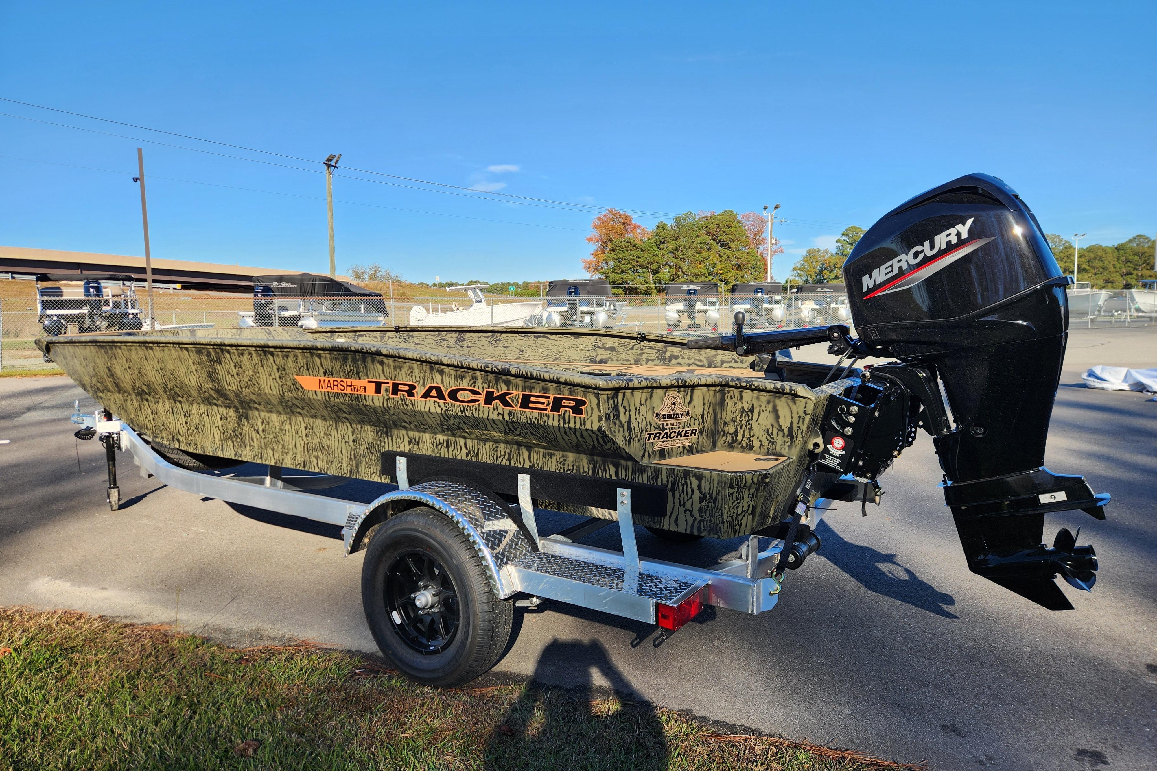 2026 Tracker Grizzly 1756 T Marsh boat with Mercury engine on trailer.