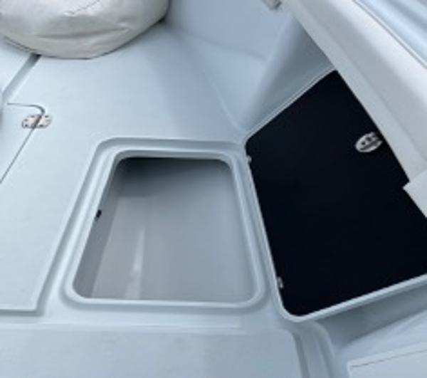2022 Yellowfin 39 Offshore boat storage compartments, open and ready for use.