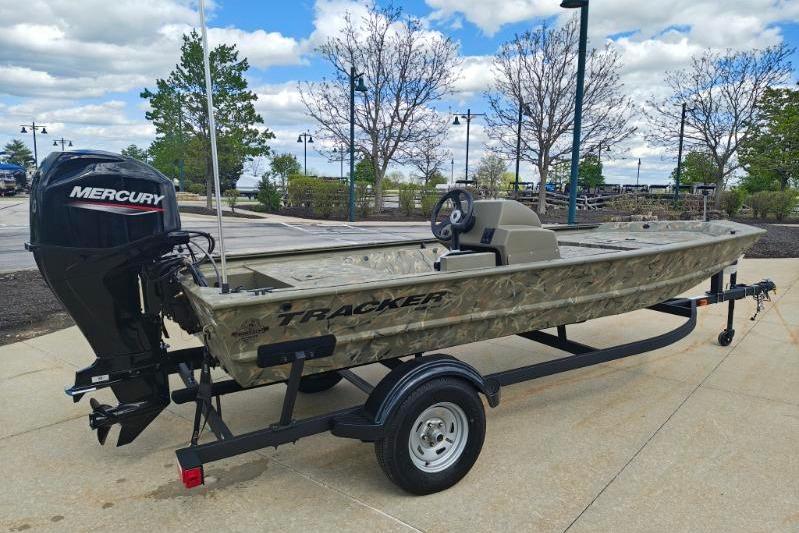 2025 Tracker Grizzly 1648 SC boat with Mercury engine on trailer.