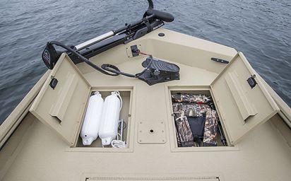 2024 Crestliner 1660 Retriever SC boat storage compartments with gear and accessories.