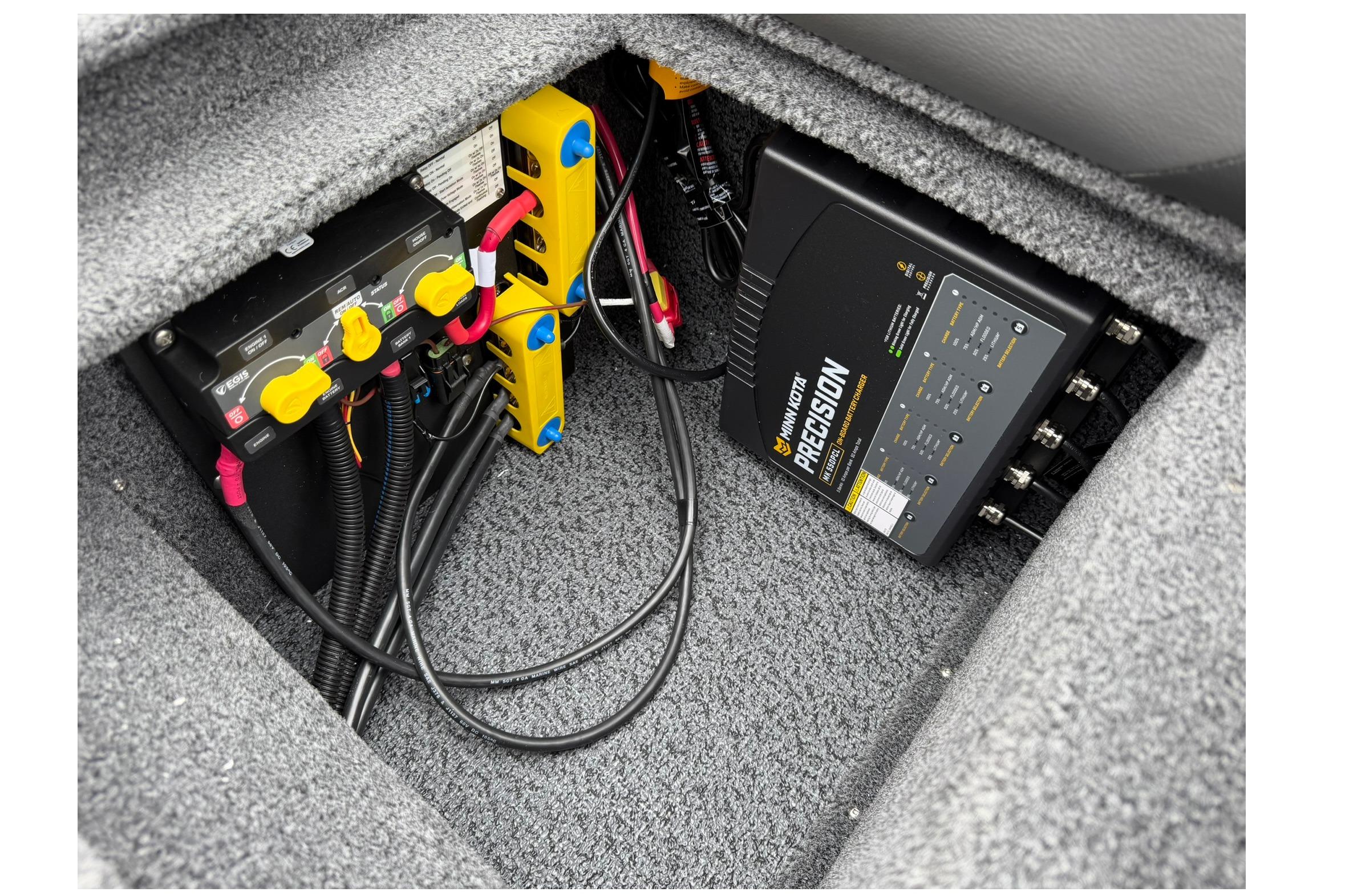 Electrical system of 2027 Lund 1875 Impact XS Sport boat, featuring Minn Kota Precision charger.