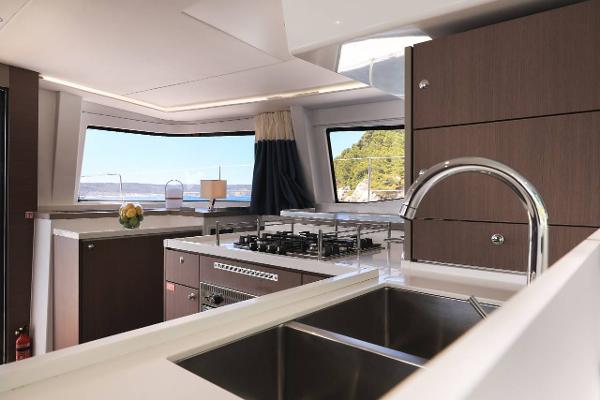 Modern kitchen interior on 2021 Bali 4.8 yacht with ocean view.