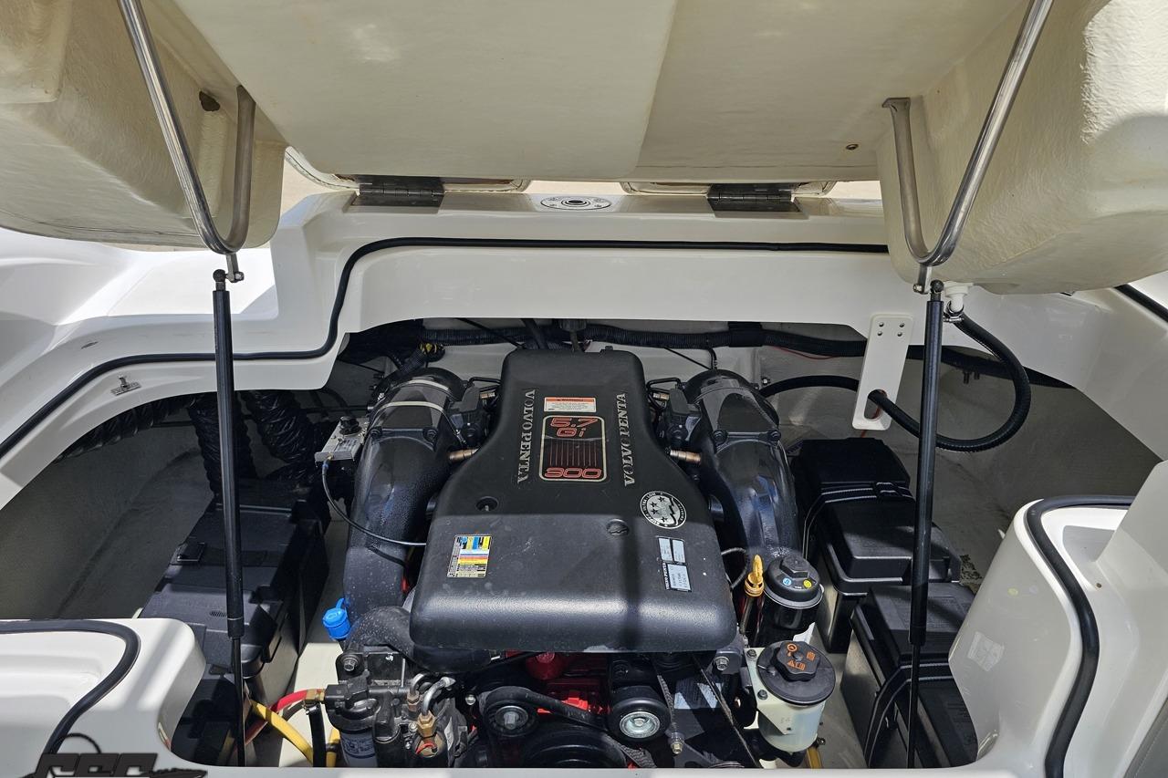 Engine compartment of a 2010 Cobalt 232 WSS boat with Volvo Penta engine.