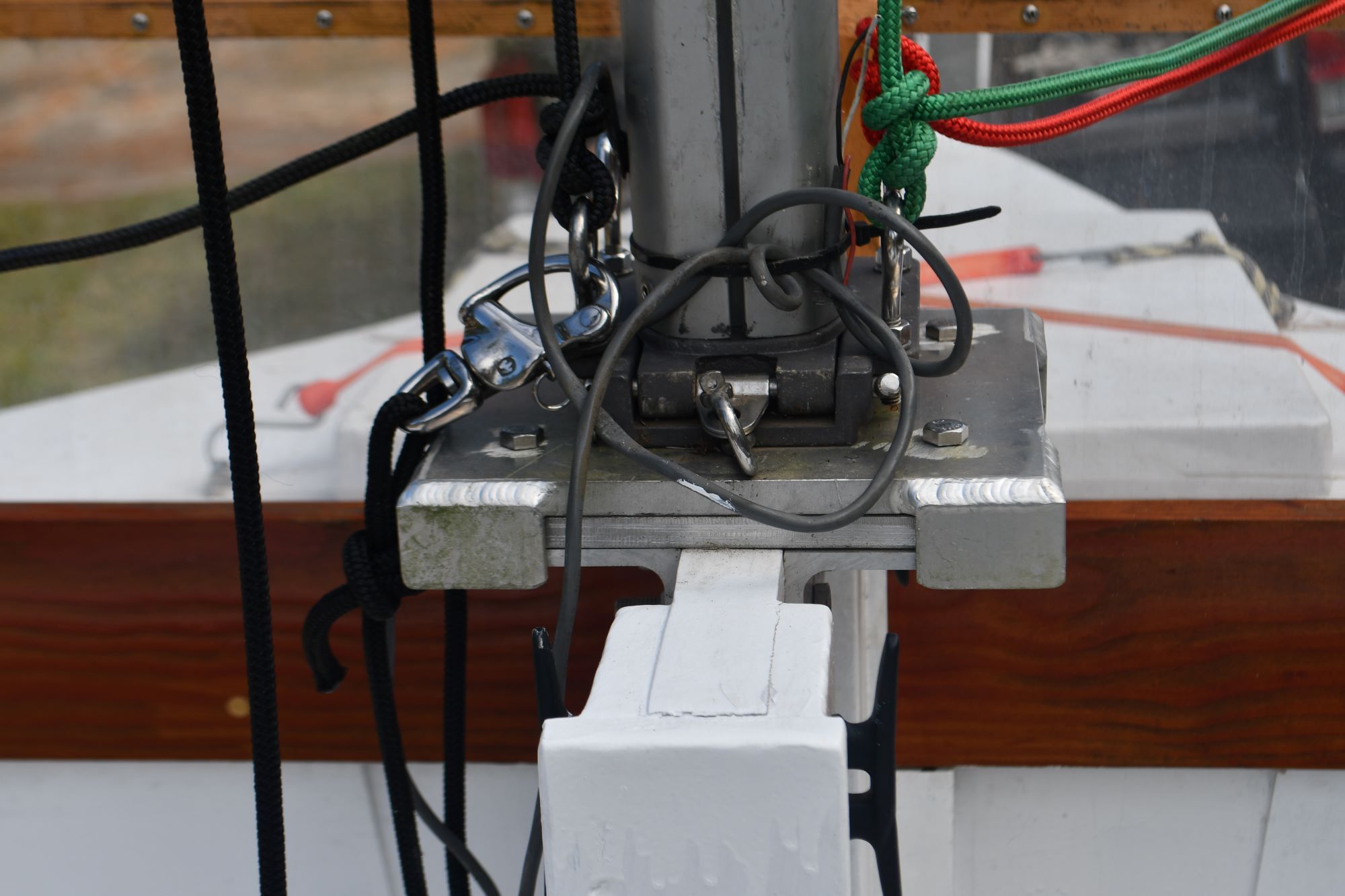 Close-up of a Custom Strike 18 boat mast, year 2020.